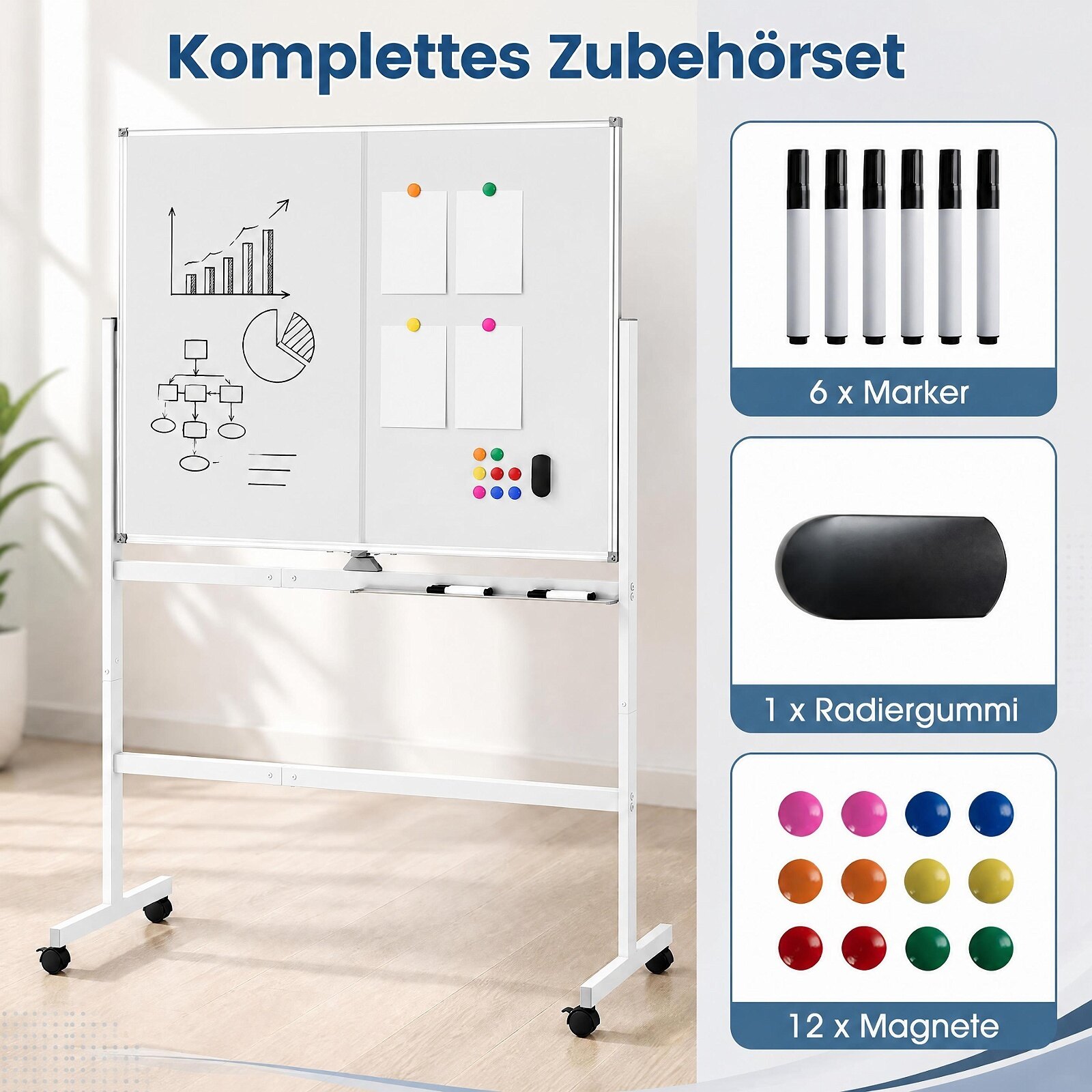 120 x 90 cm mobiilne valge tahvel lukustatavate universaalrataste ja kahepoolse magnetilise pinnaga – must