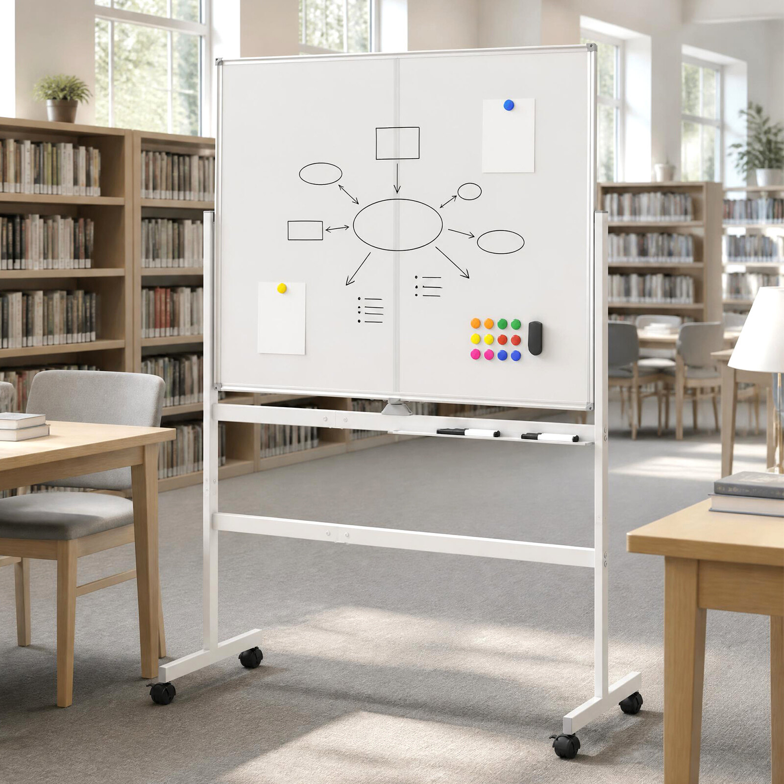 120 x 90 cm mobiilne valge tahvel lukustatavate universaalrataste ja kahepoolse magnetilise pinnaga - valge