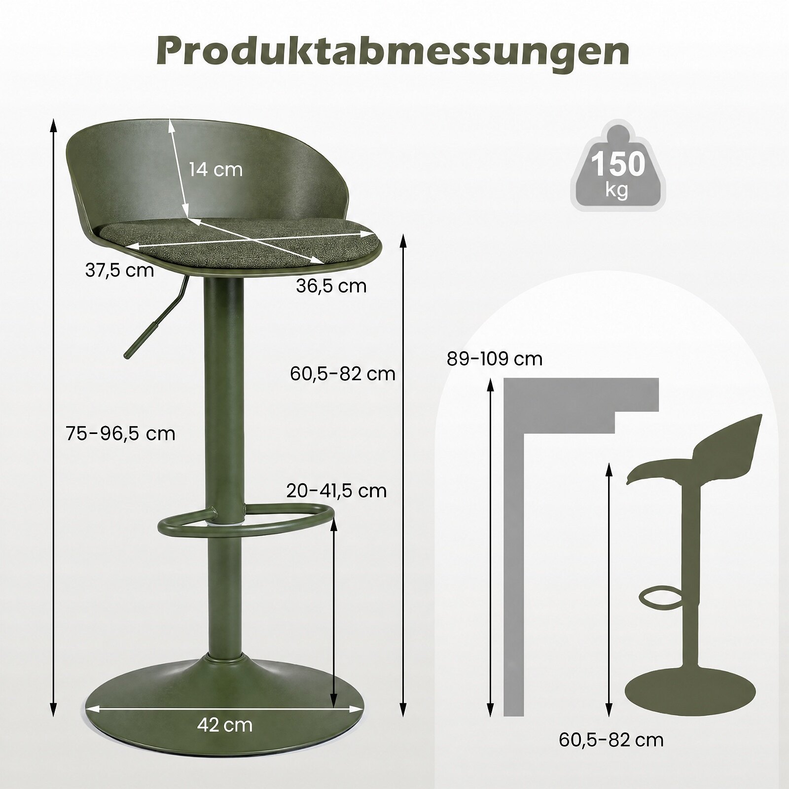 2 reguleeritava pöörleva baaritooli komplekt seljatoe ja jalatoega, 149,7 kg, söögituba, roheline