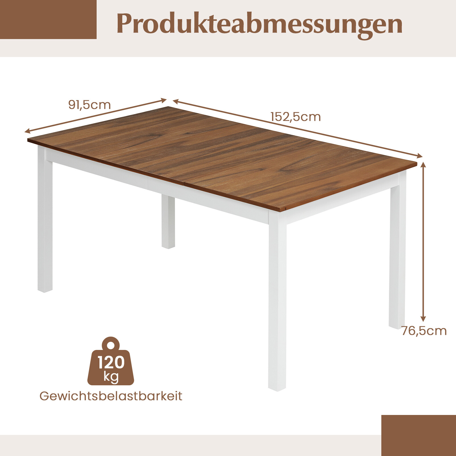 152 cm ristkülikukujuline söögilaud täiskummipuidust jalgadega - pruun