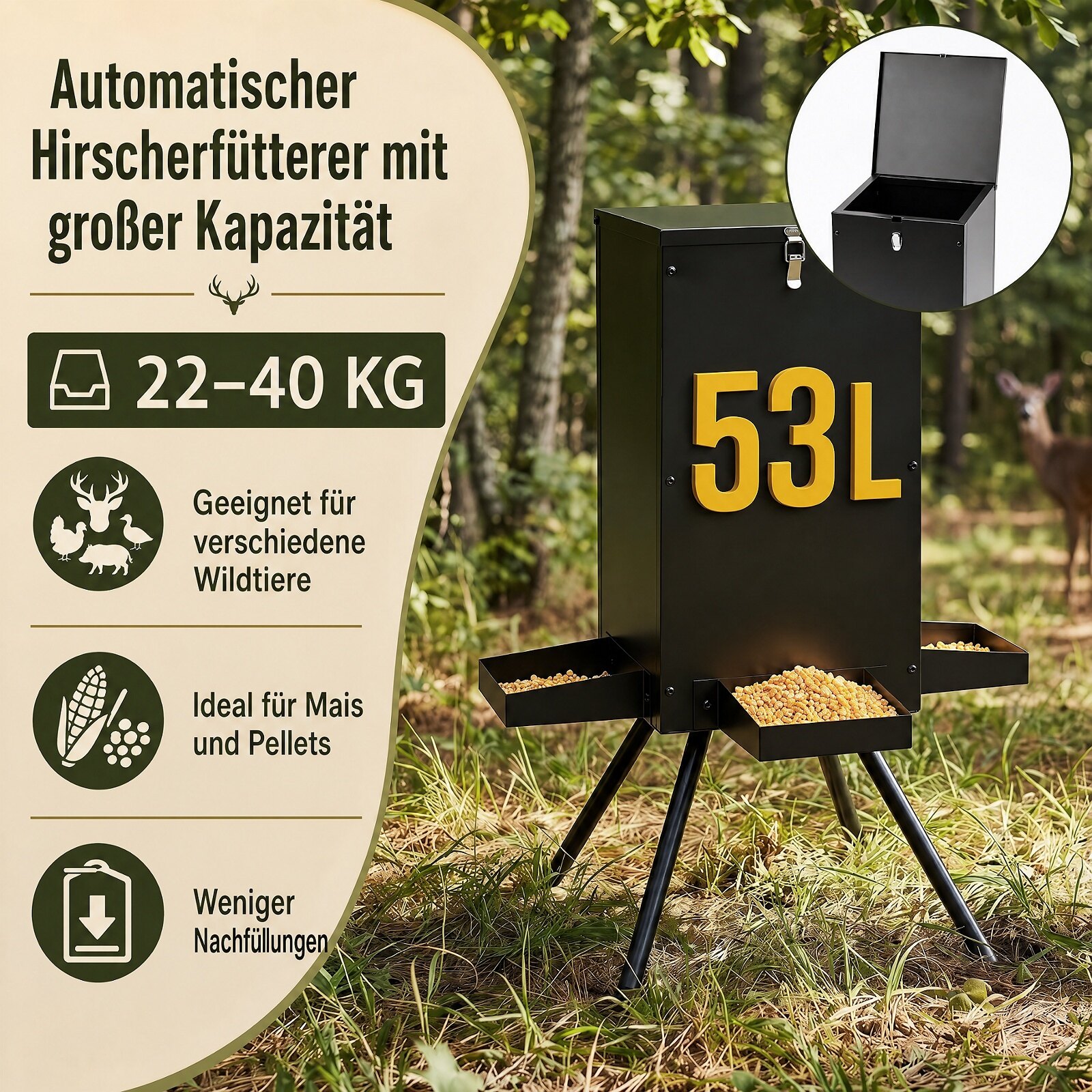 40,8 kg gravitatsiooniline hirvesöötja 4 söötmisaluse ja 4-jalase alusega - must