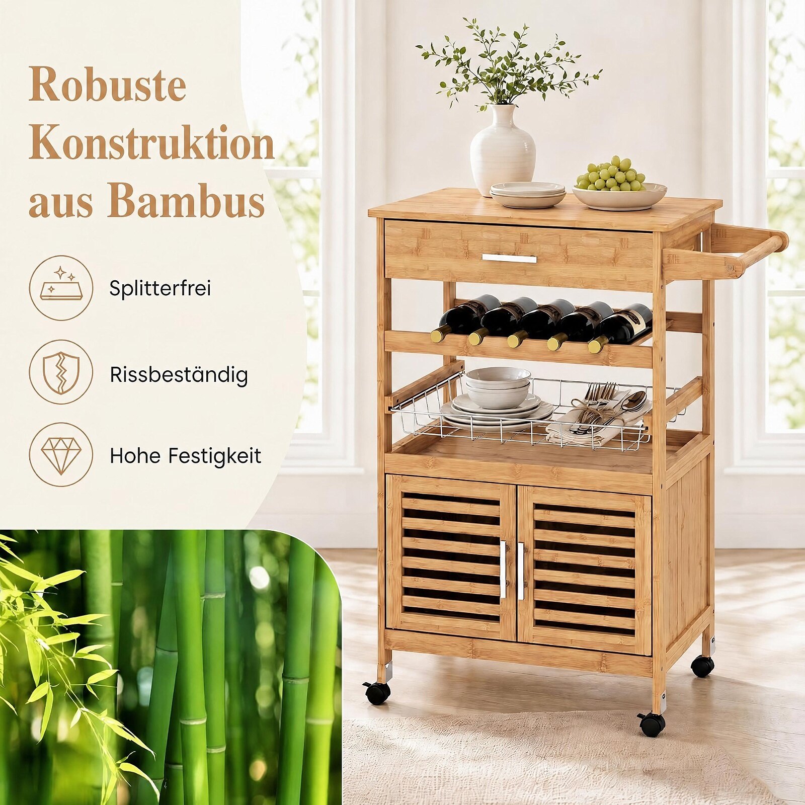 Bambusest köögisaare käru hoiukapi ja veiniriiuliga - naturaalne