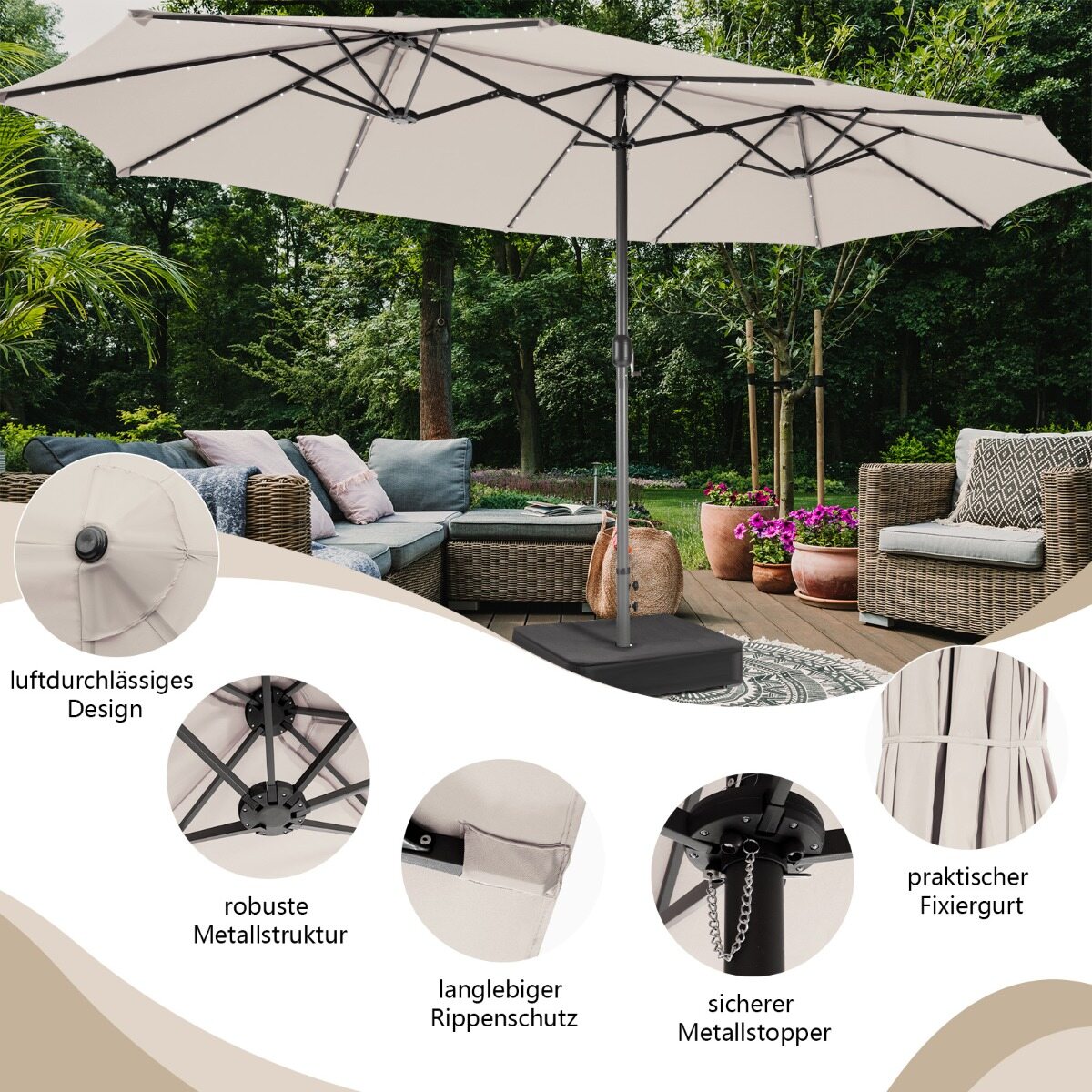 470 cm suur kahekordne terrassivari 48 päikesepatareiga LED-tule ja alusega, beež