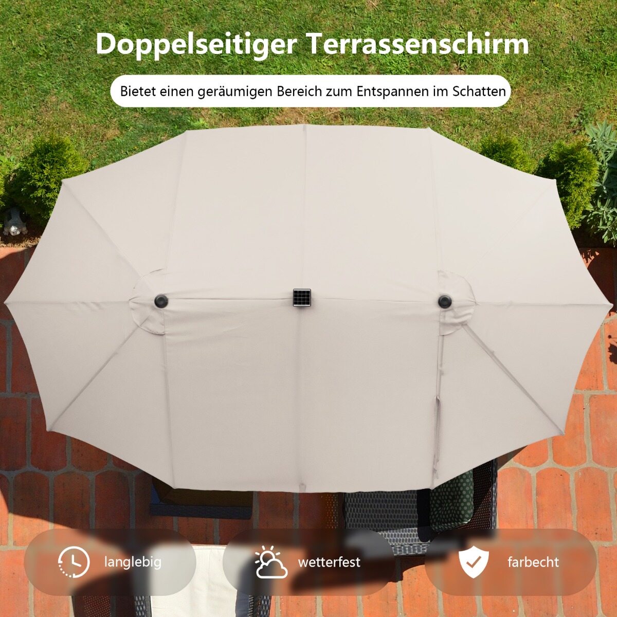 470 cm suur kahekordne terrassivari 48 päikesepatareiga LED-tule ja alusega, beež