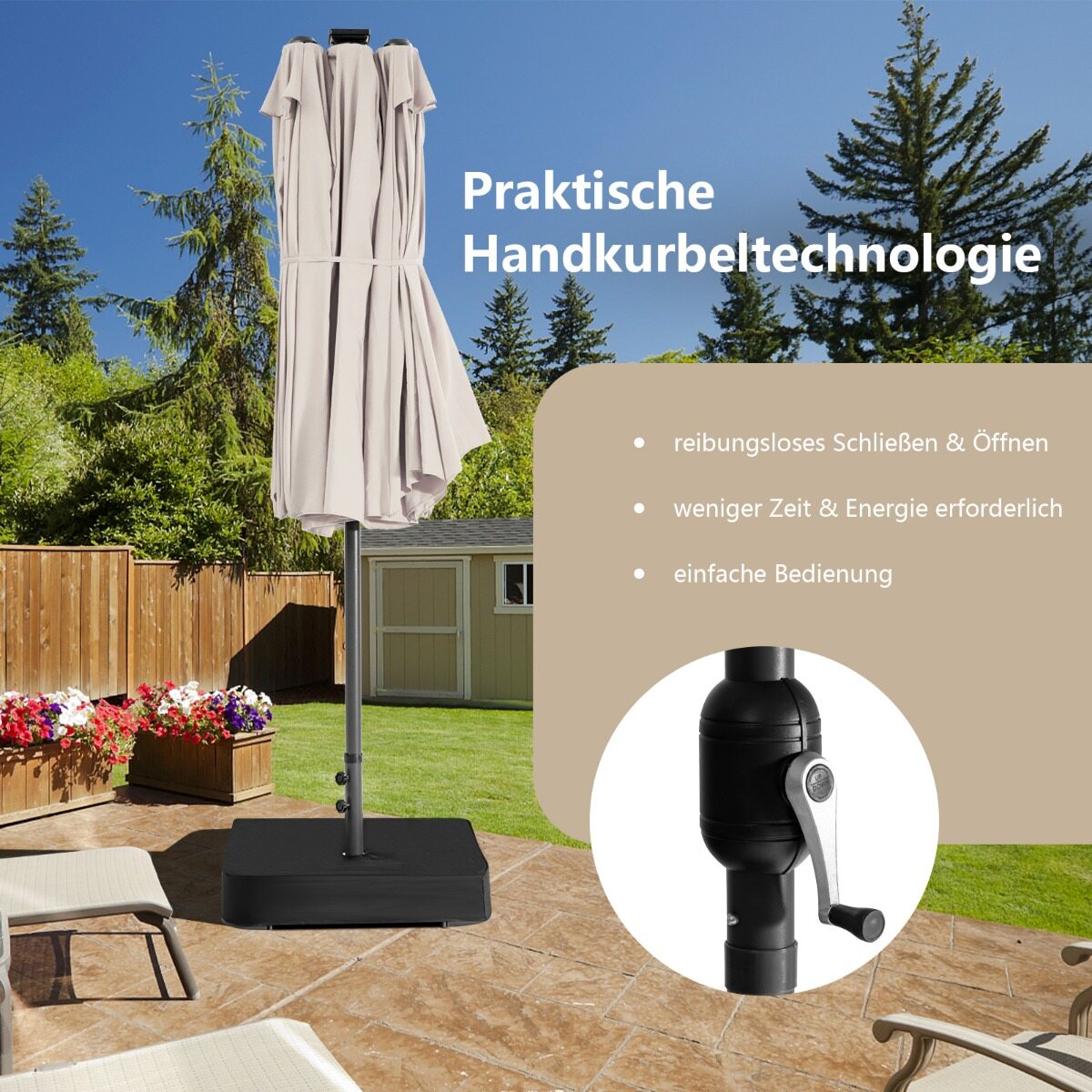 470 cm suur kahekordne terrassivari 48 päikesepatareiga LED-tule ja alusega, beež