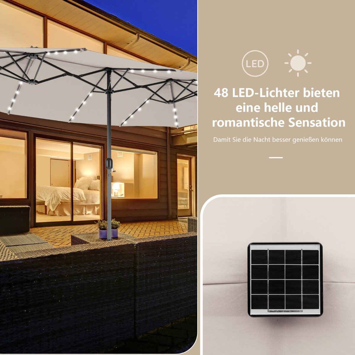 470 cm suur kahekordne terrassivari 48 päikesepatareiga LED-tule ja alusega, beež