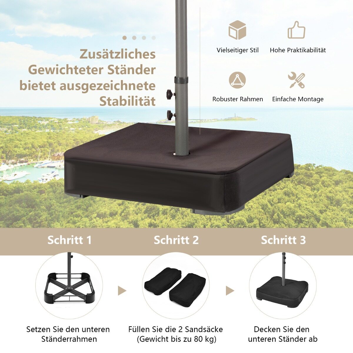 470 cm suur kahekordne terrassivari 48 päikesepatareiga LED-tule ja alusega, beež