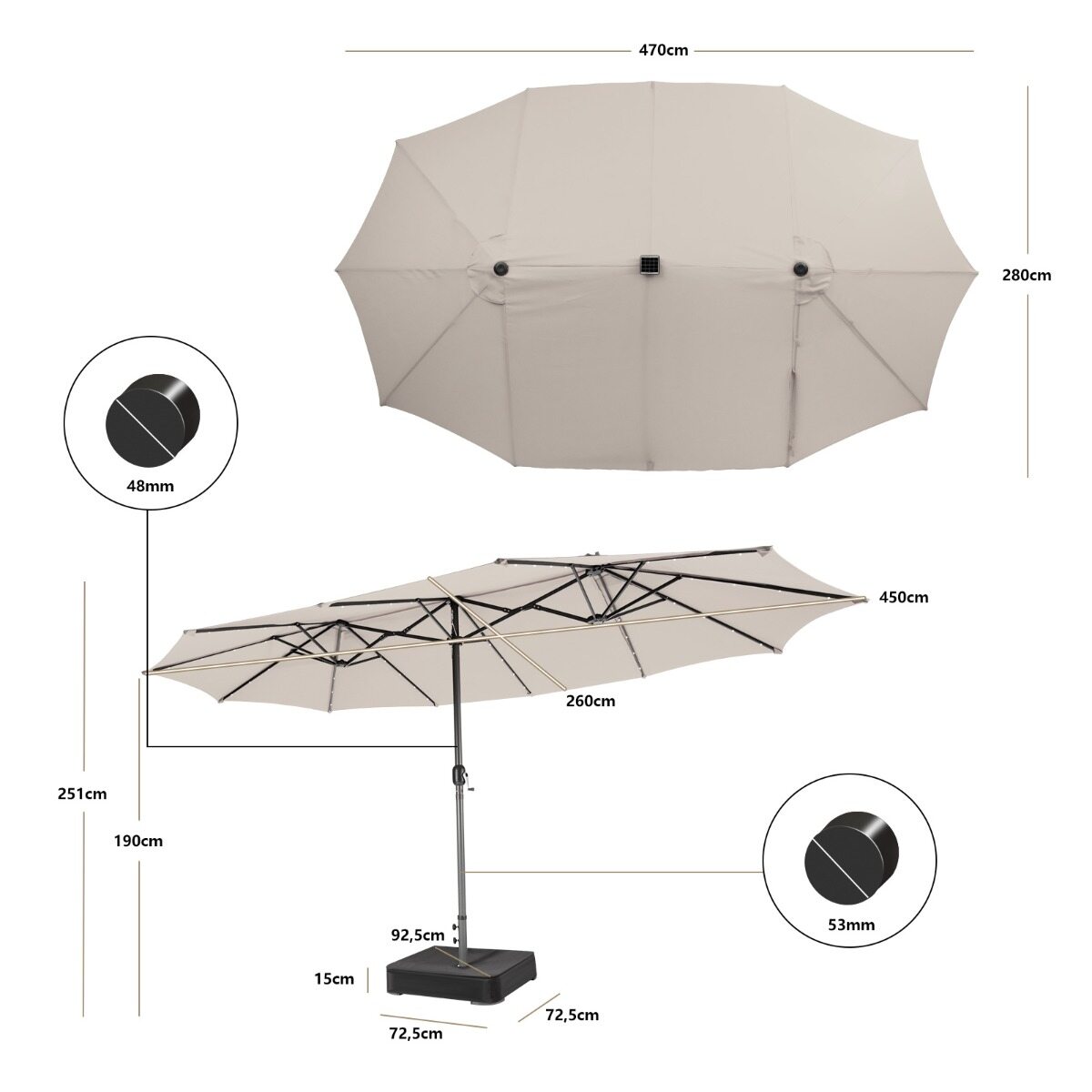 470 cm suur kahekordne terrassivari 48 päikesepatareiga LED-tule ja alusega, beež