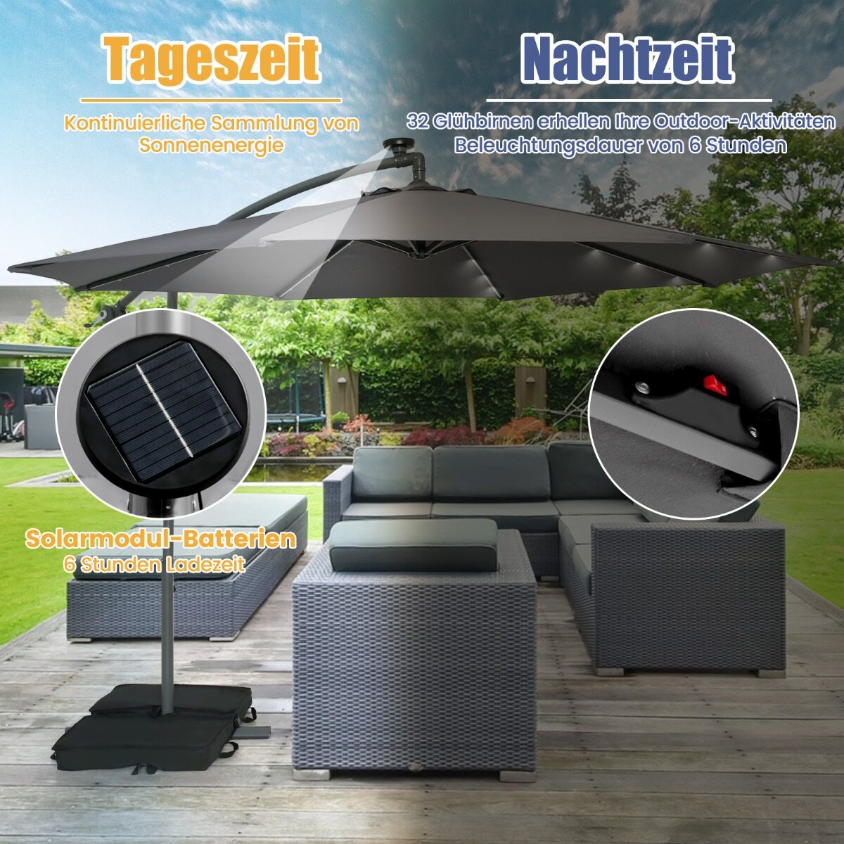 Valgusfooriga päikesevari liivakottidega, LED-päikeseenergial töötav Ø300 cm, vändaga, UV-kaitsega, hall