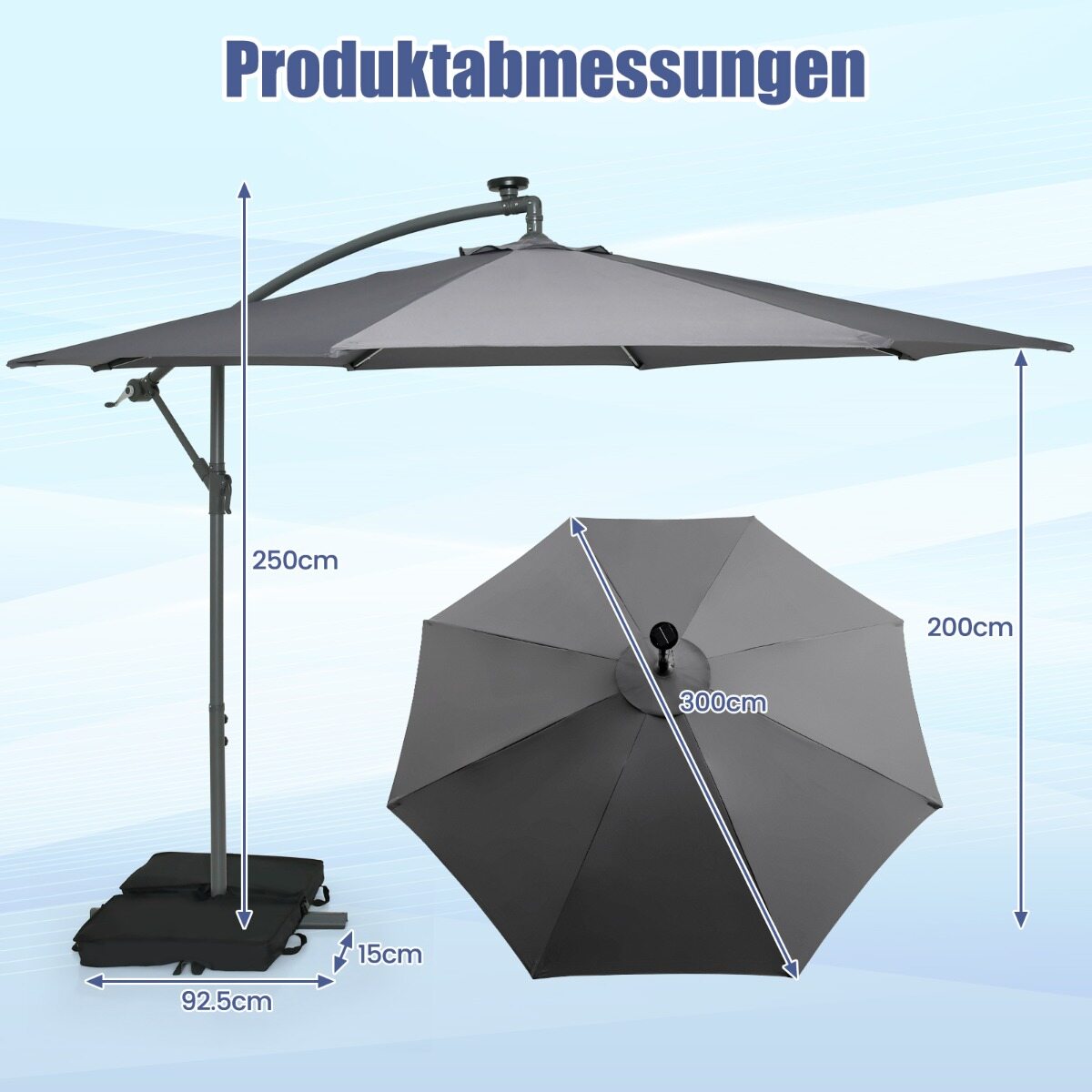 Valgusfooriga päikesevari liivakottidega, LED-päikeseenergial töötav Ø300 cm, vändaga, UV-kaitsega, hall