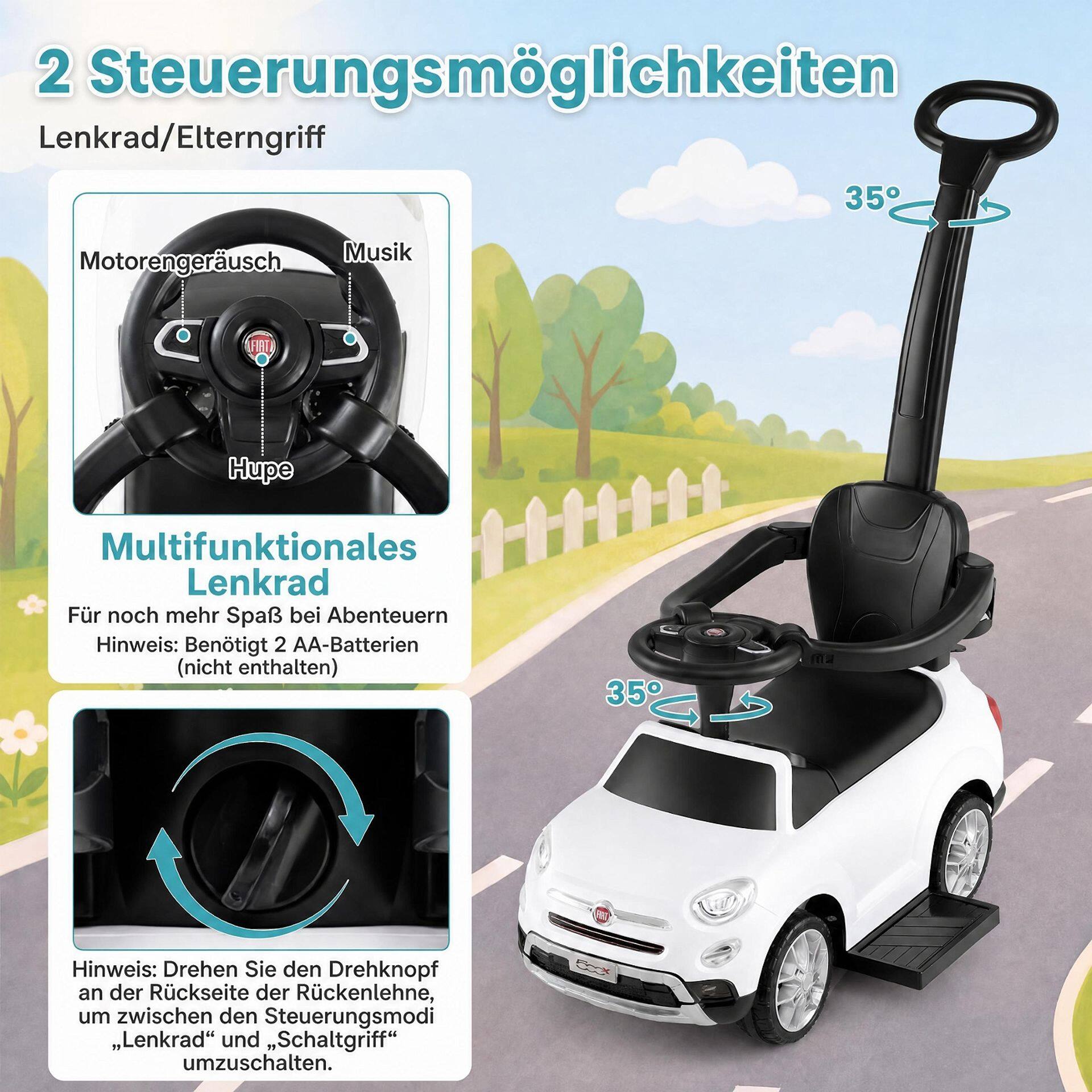 Licensed FIAT Ride On Car 2-in-1 Push Car with Removable Handle-White