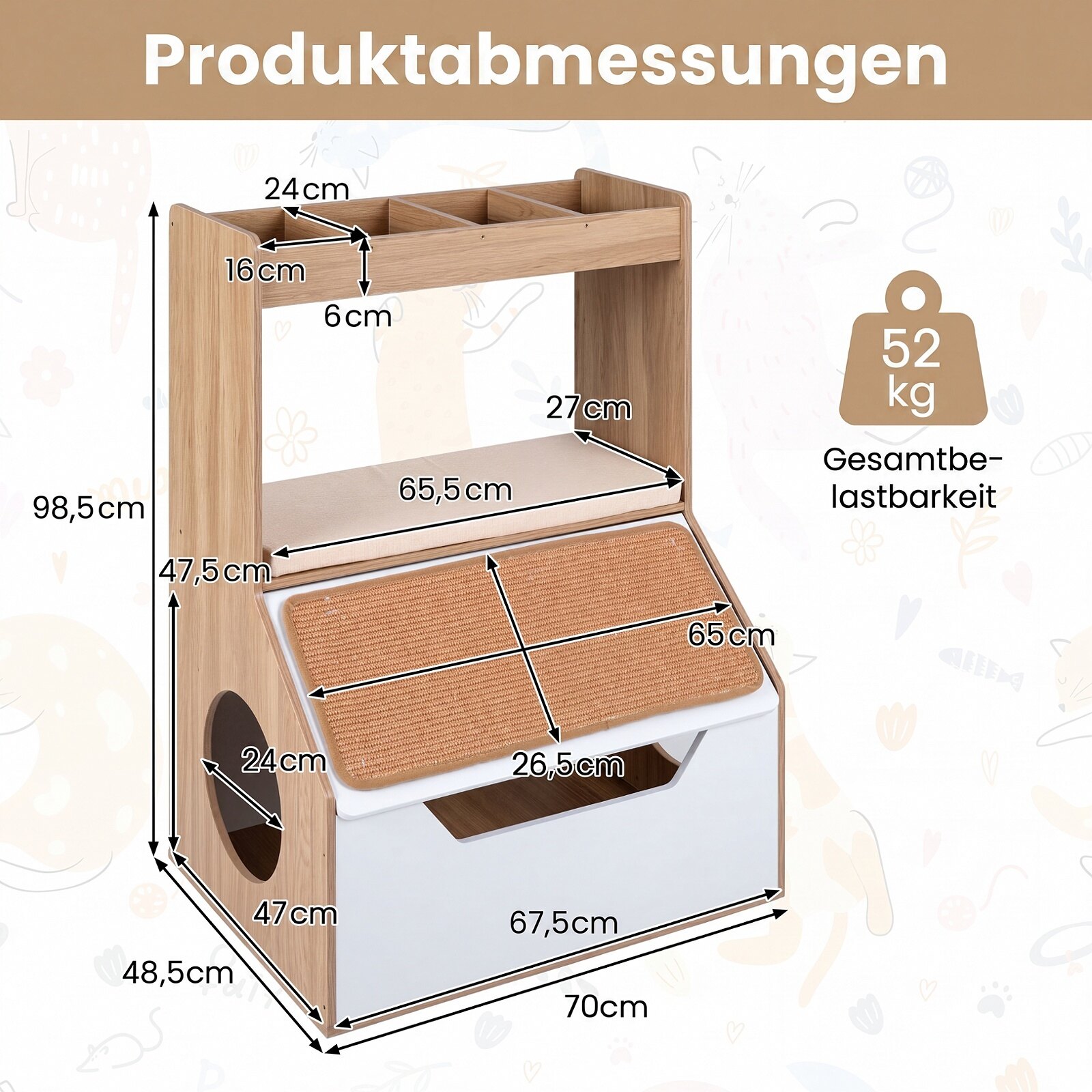 3-ühes peidetud kassimaja kapp 4 kuubikuga, eemaldatav padi ja kraapimispadi - naturaalne