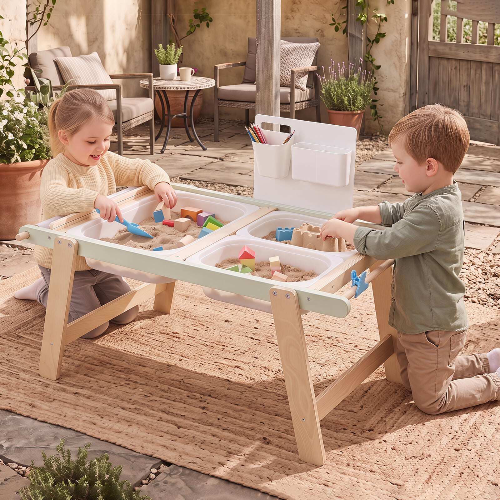 Costway Wooden Sensory Table for Toddlers with Double-Sided Board for Kids-Green Costway Wooden Sensory Table for Toddlers with Double-Sided Board for Kids-Green