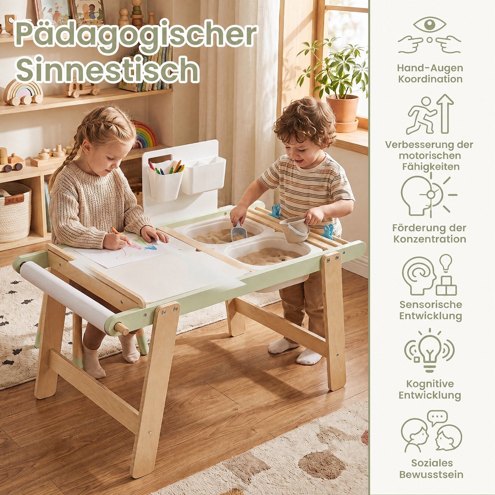Puidust sensoorne laud väikelastele kahepoolse tahvliga - roheline