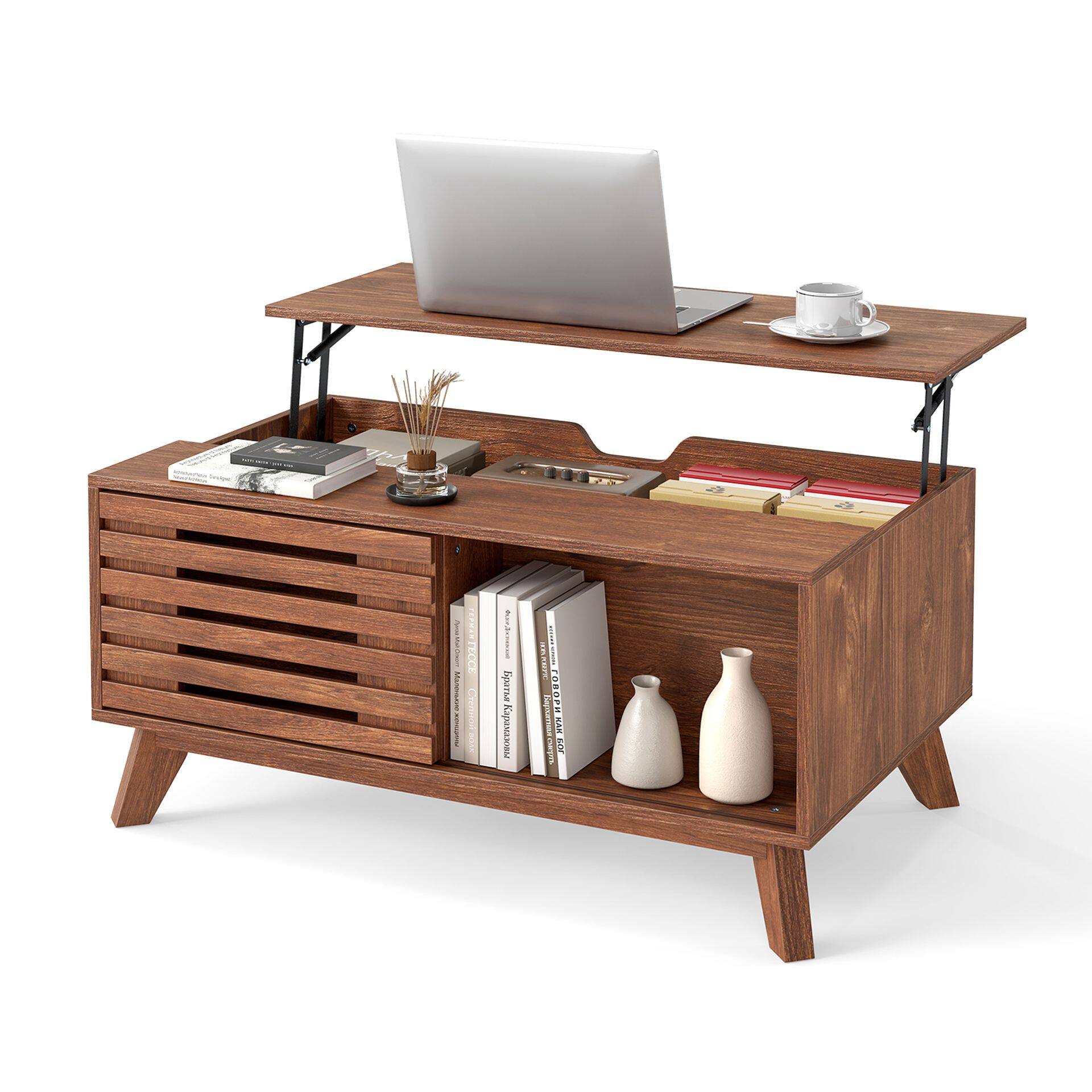 35.5″ Lift Top Coffee Table with Hidden Compartment and Sliding Door for Living Room-Brown