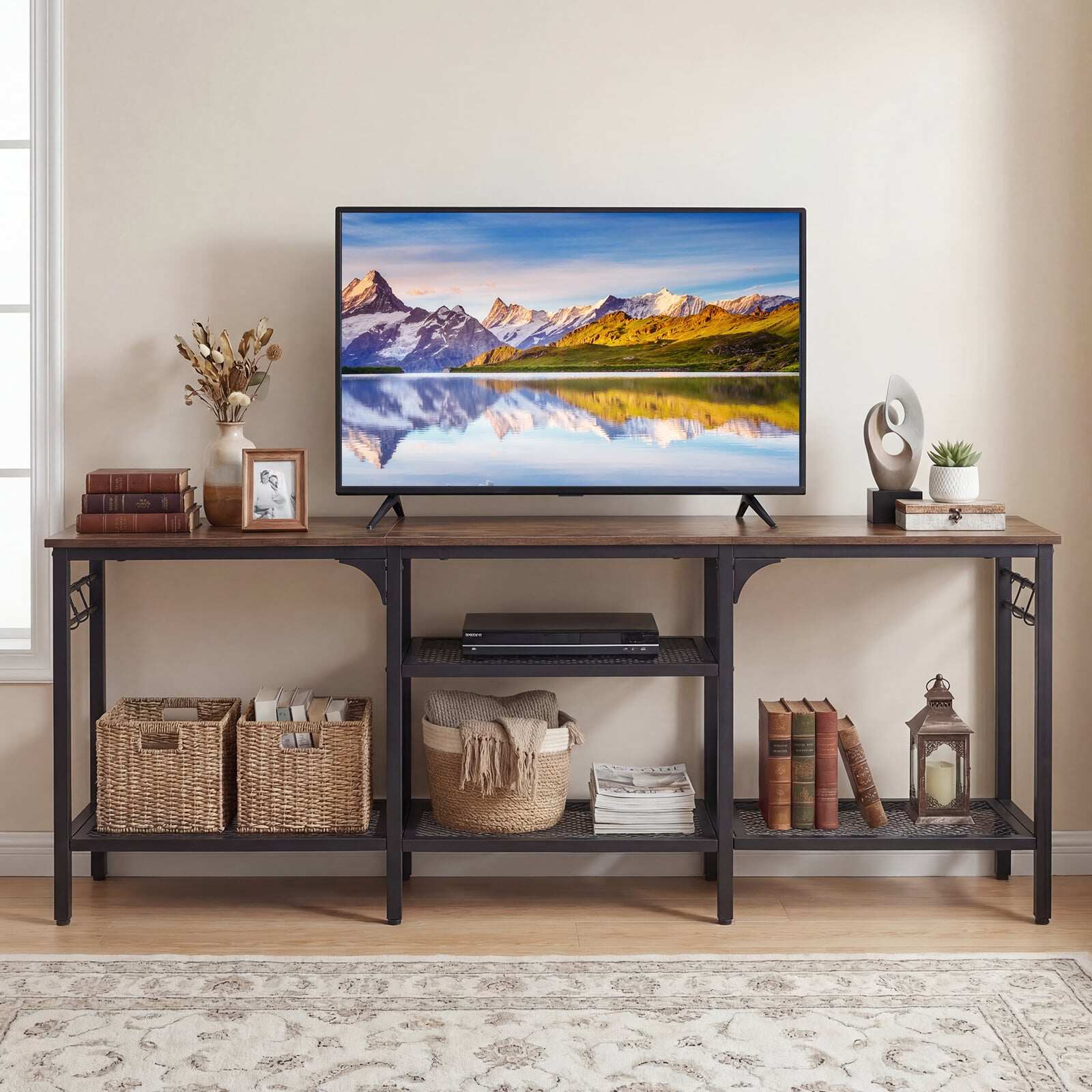 Industrial Entertainment TV Stand for 65″ TVs  with Metal Mesh Shelves and 4 Hanging Hooks-Rustic Brown