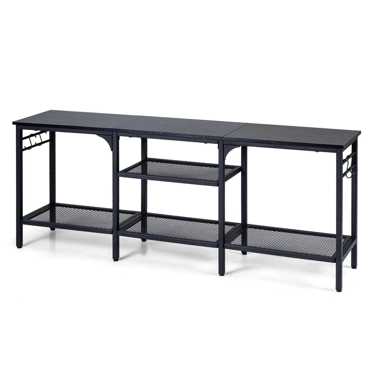 Industrial Entertainment TV Stand for 65″ TVs  with Metal Mesh Shelves and 4 Hanging Hooks-Black