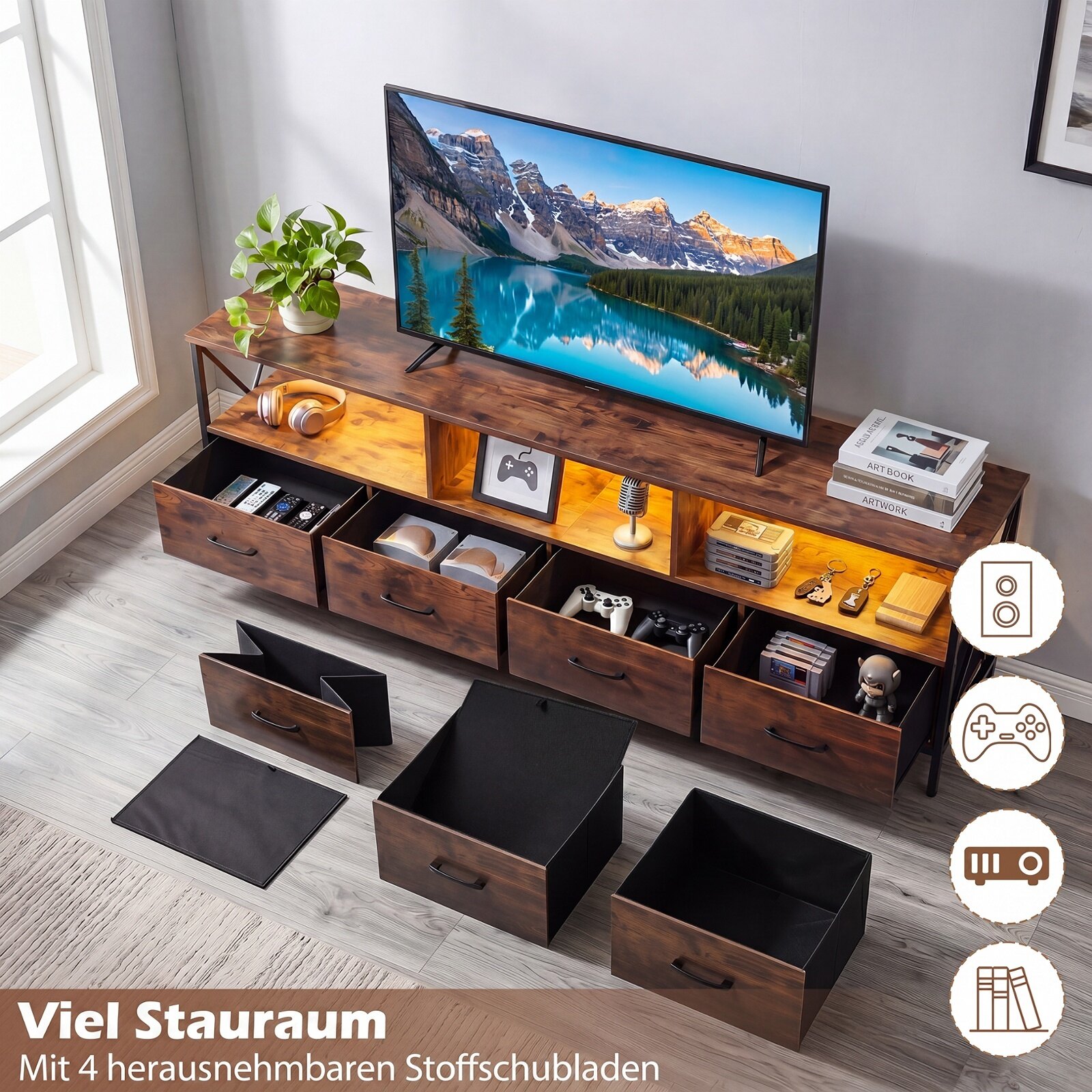 Moodne LED-meelelahutuskeskus 203 cm telerile, 4 kokkupandava kangast sahtli ja vastupidava metalliga - maalähedane pruun