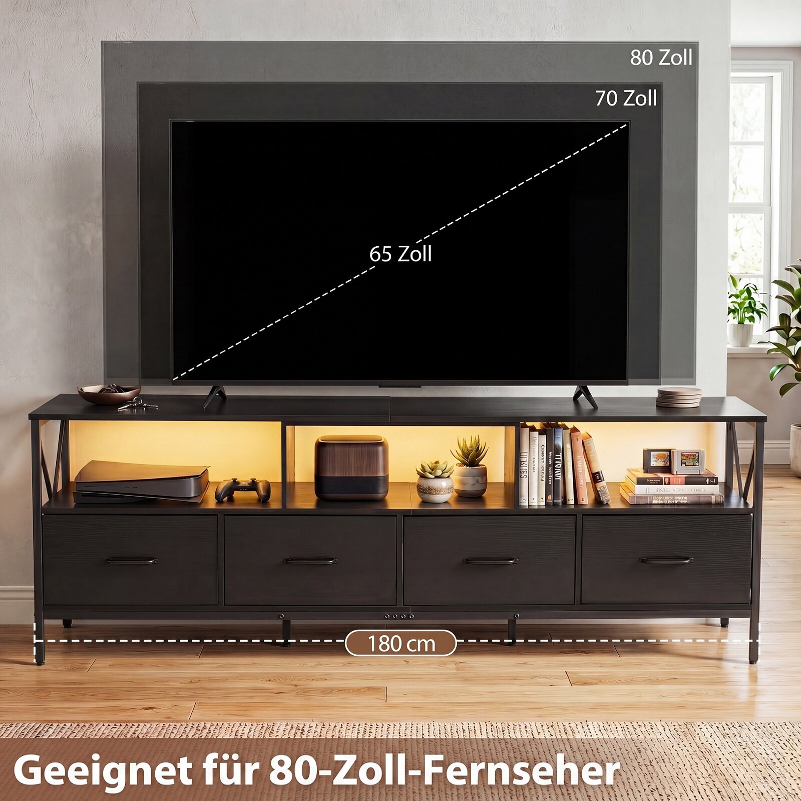 Moodne LED-meelelahutuskeskus 203 cm telerile, 4 kokkupandava riidest sahtli ja vastupidava metalliga - must
