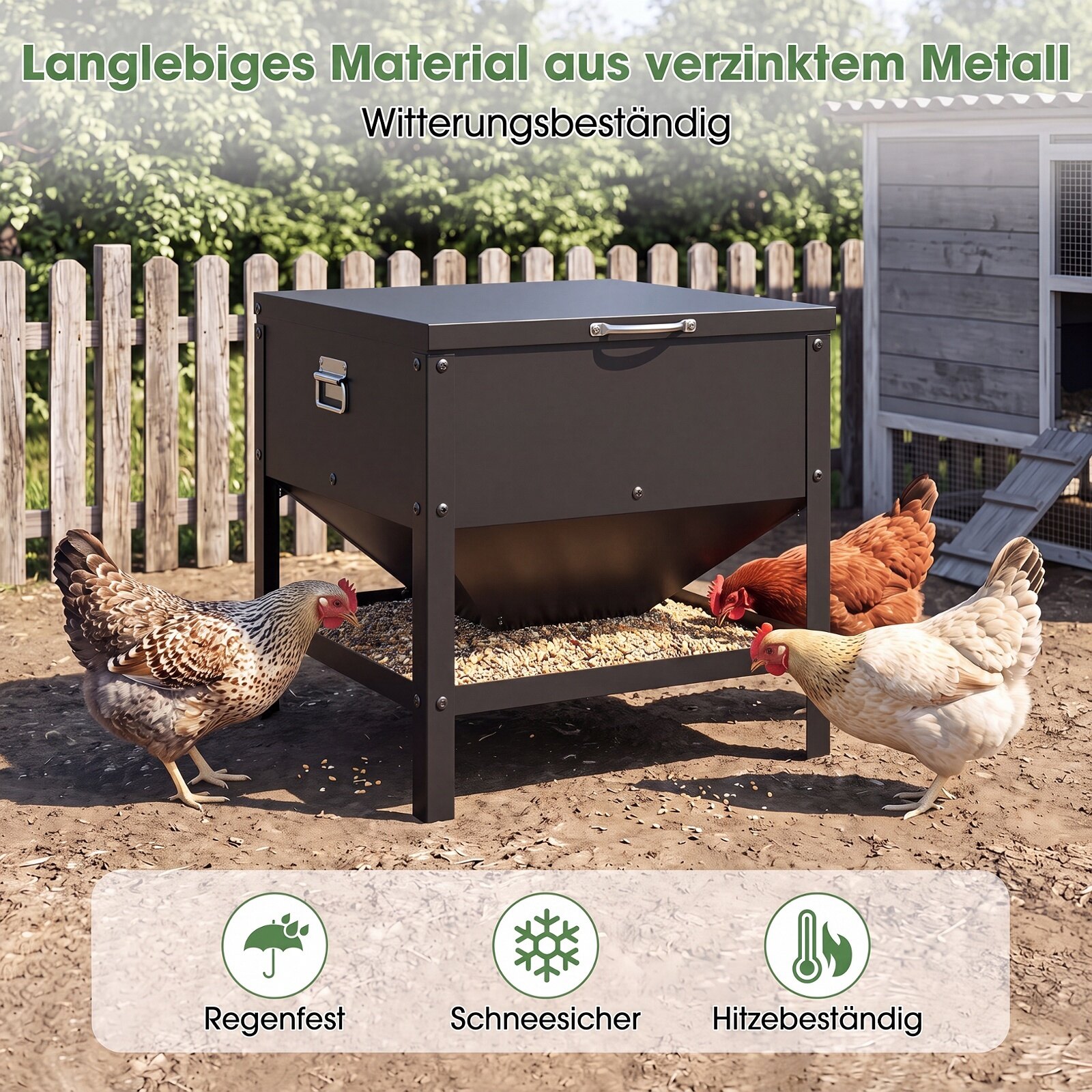 Suure mahutavusega kanade söötmiskast avatava kaanega - must