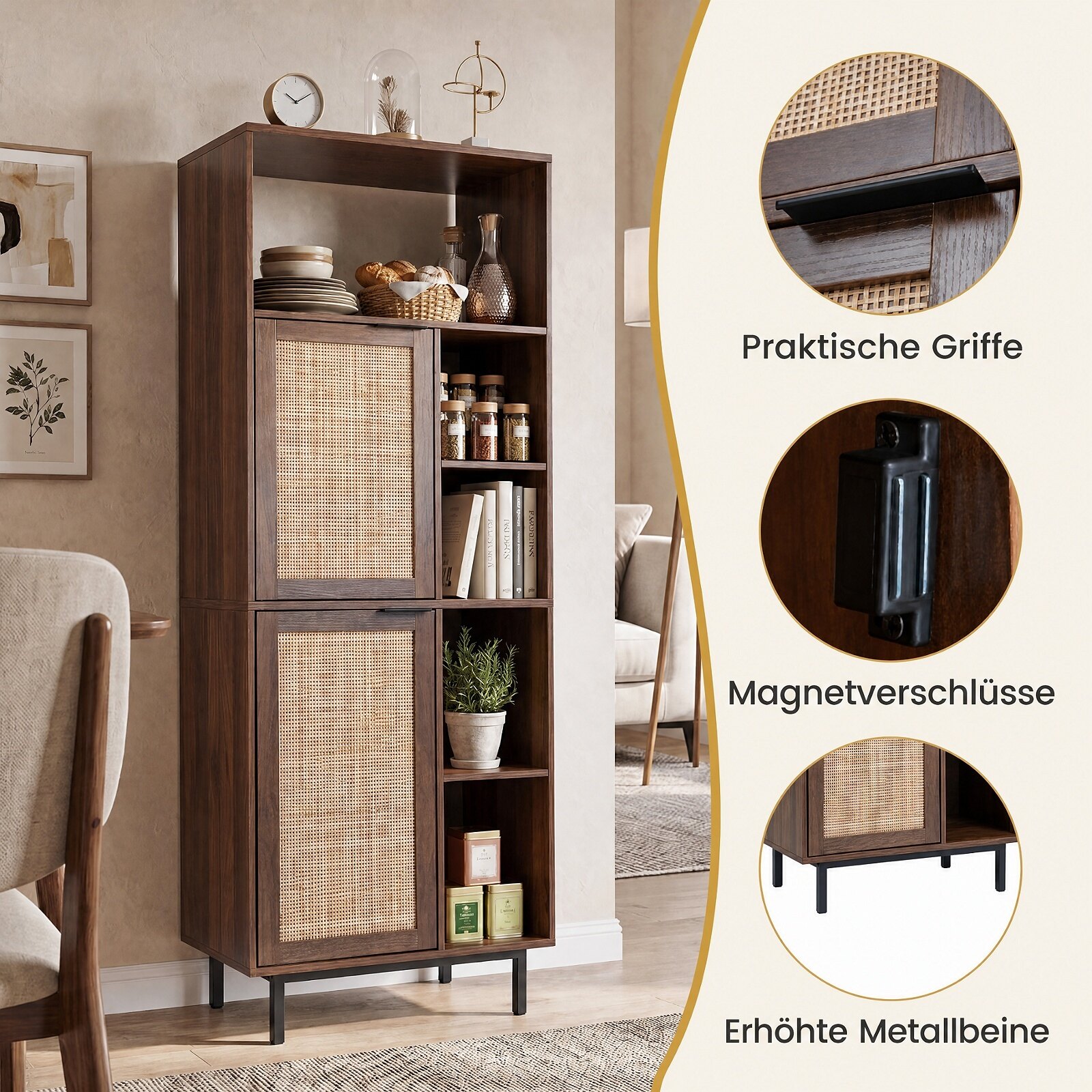 Storage Cabinet with 2 Rattan Doors and 5 Compartments-Brown