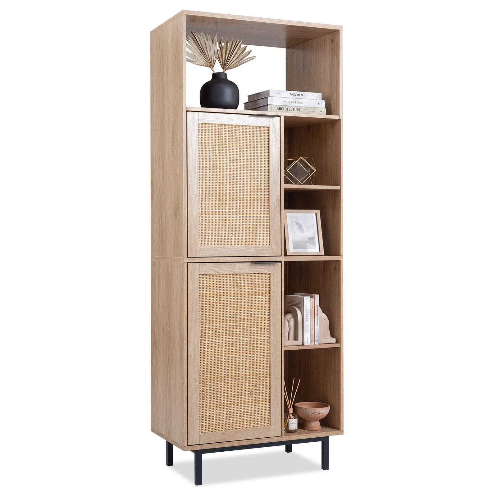 Storage Cabinet with 2 Rattan Doors and 5 Compartments-Natural