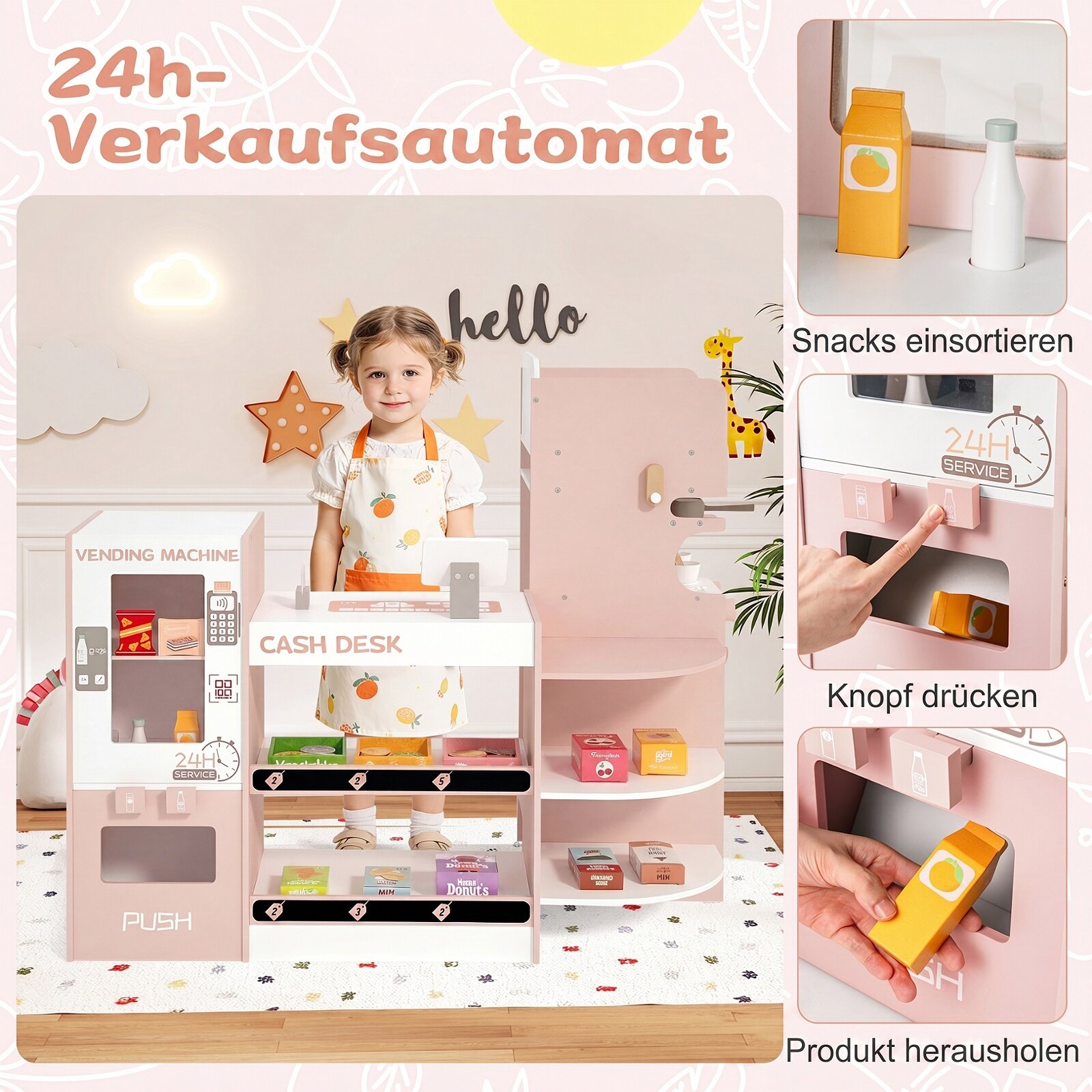 Lastele mõeldud puidust toidupoe mängukomplekt, supermarket, roosa