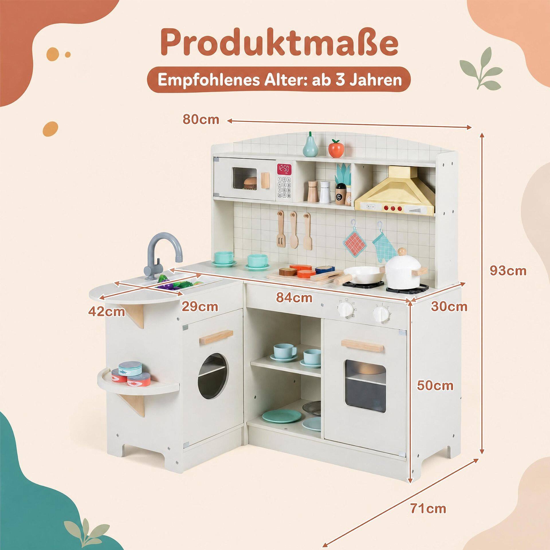 Puidust mänguköök tulede, helide ja pliidiga, mikrolaineahjuga, vanuses 3+ - valge
