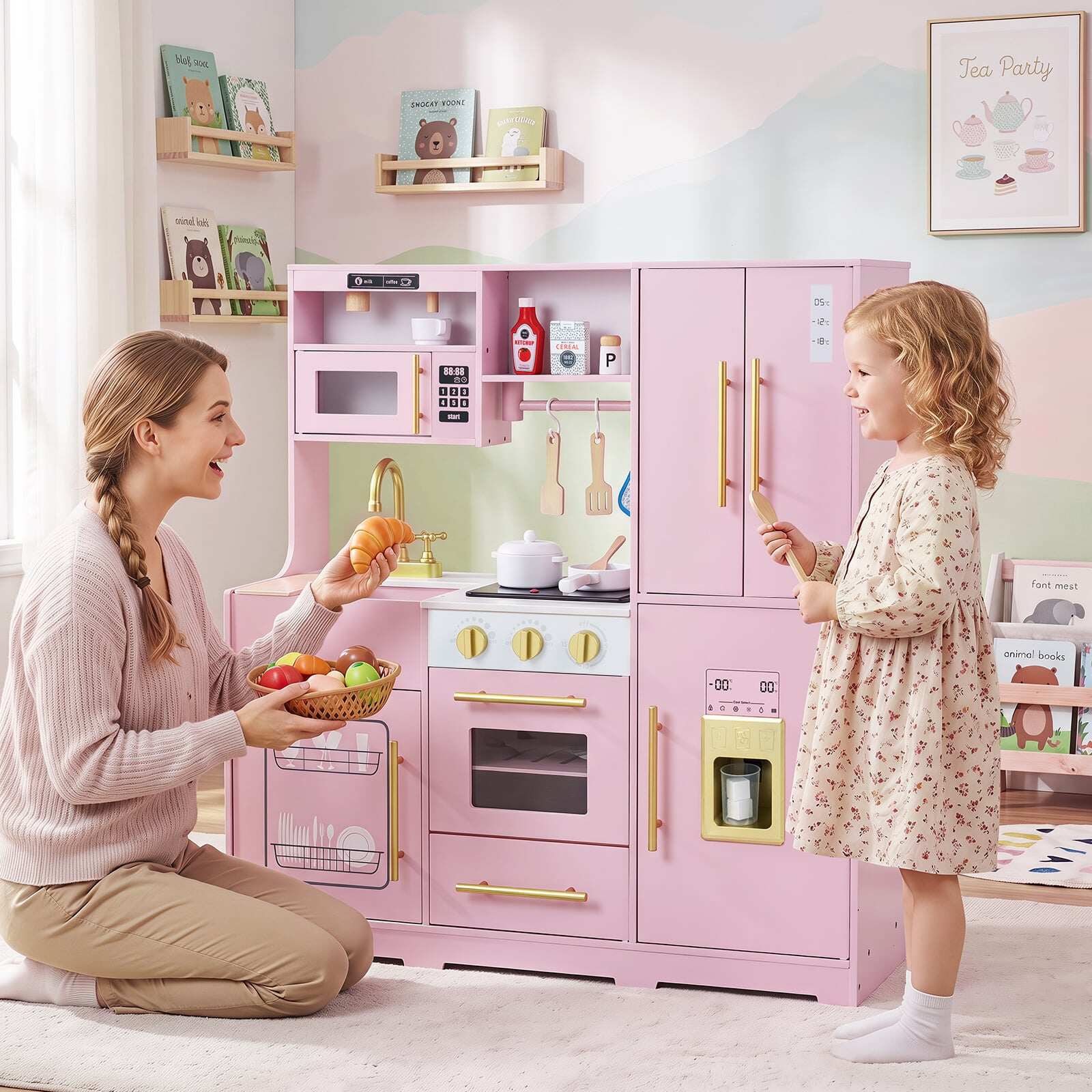 Wooden Play Kitchen with Lights & Sounds and Sink Stove Oven for Kids Ages 3+-Pink