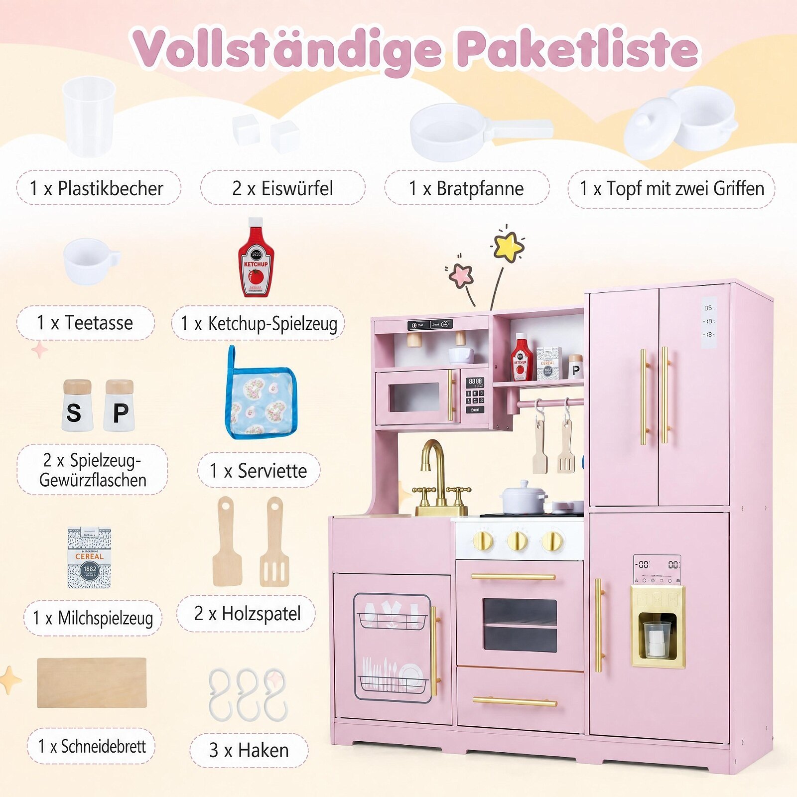 Puidust mänguköök tulede, helide ja kraanikausi, pliidi ja ahjuga lastele vanuses 3+ - roosa