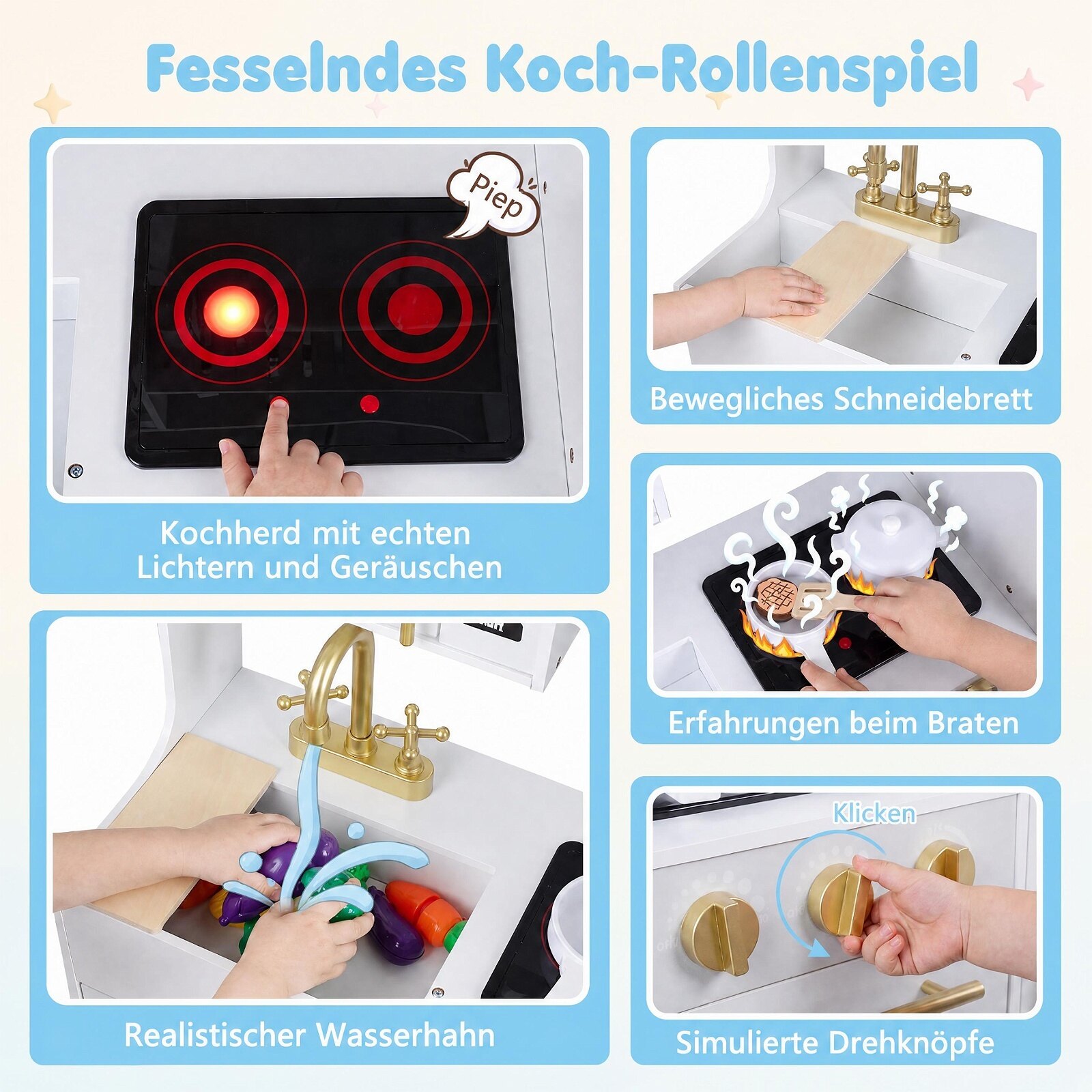Wooden Play Kitchen with Lights & Sounds and Sink Stove Oven for Kids Ages 3+-White