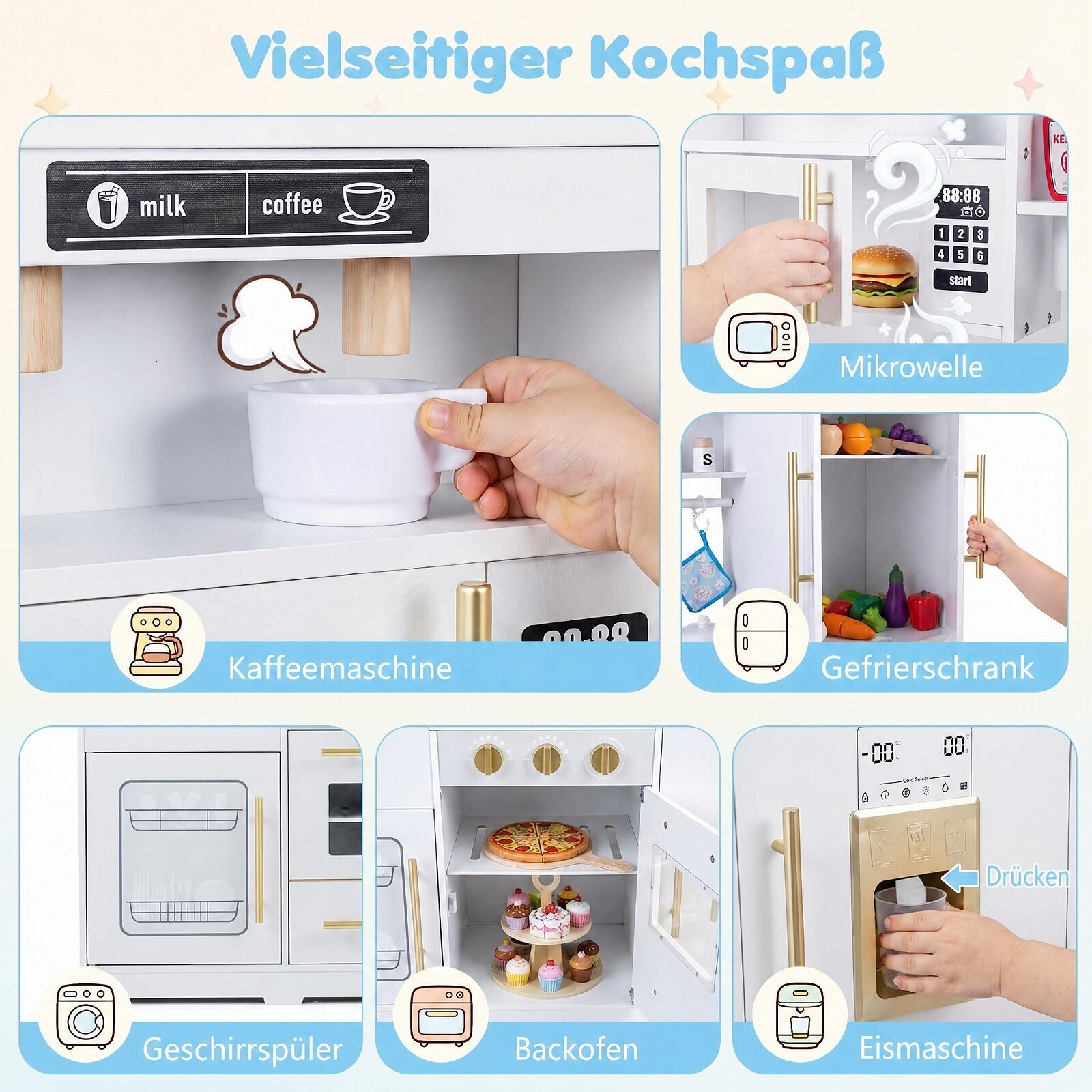 Puidust mänguköök tulede ja helidega ning valamu ja pliidiga, ahi lastele vanuses 3+ - valge