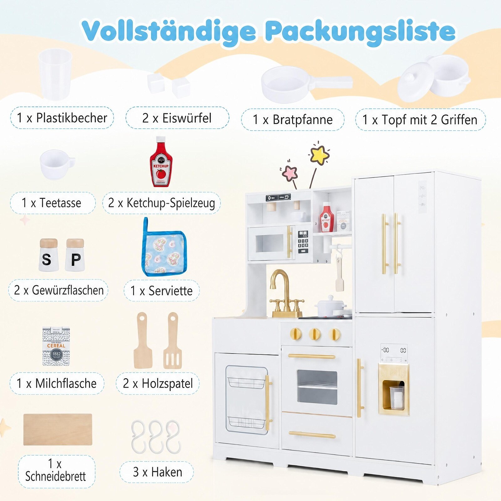 Puidust mänguköök tulede ja helidega ning valamu ja pliidiga, ahi lastele vanuses 3+ - valge
