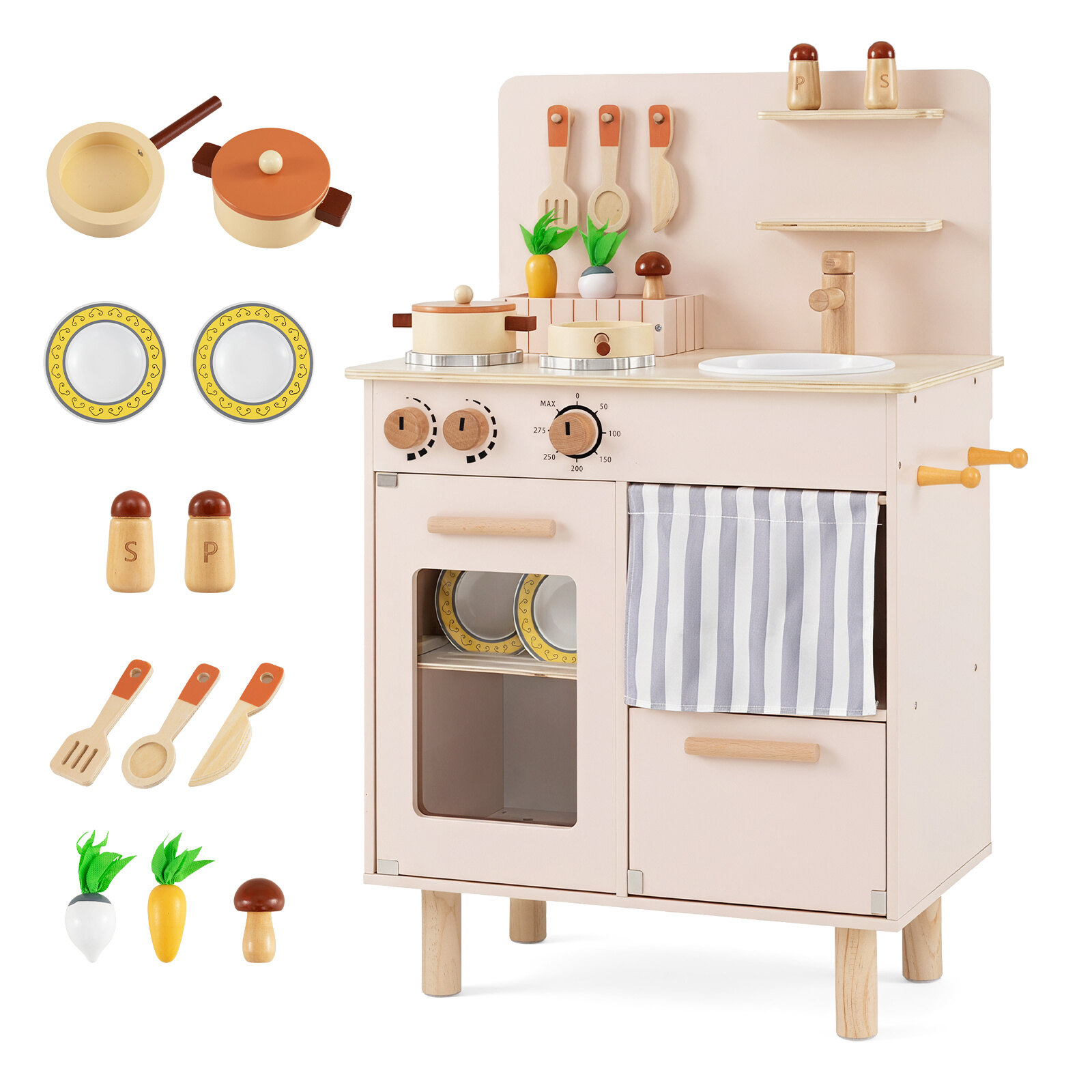 Wooden Play Kitchen for Kids Toddler Kitchen Playset with Stoves Faucet Sink-Beige