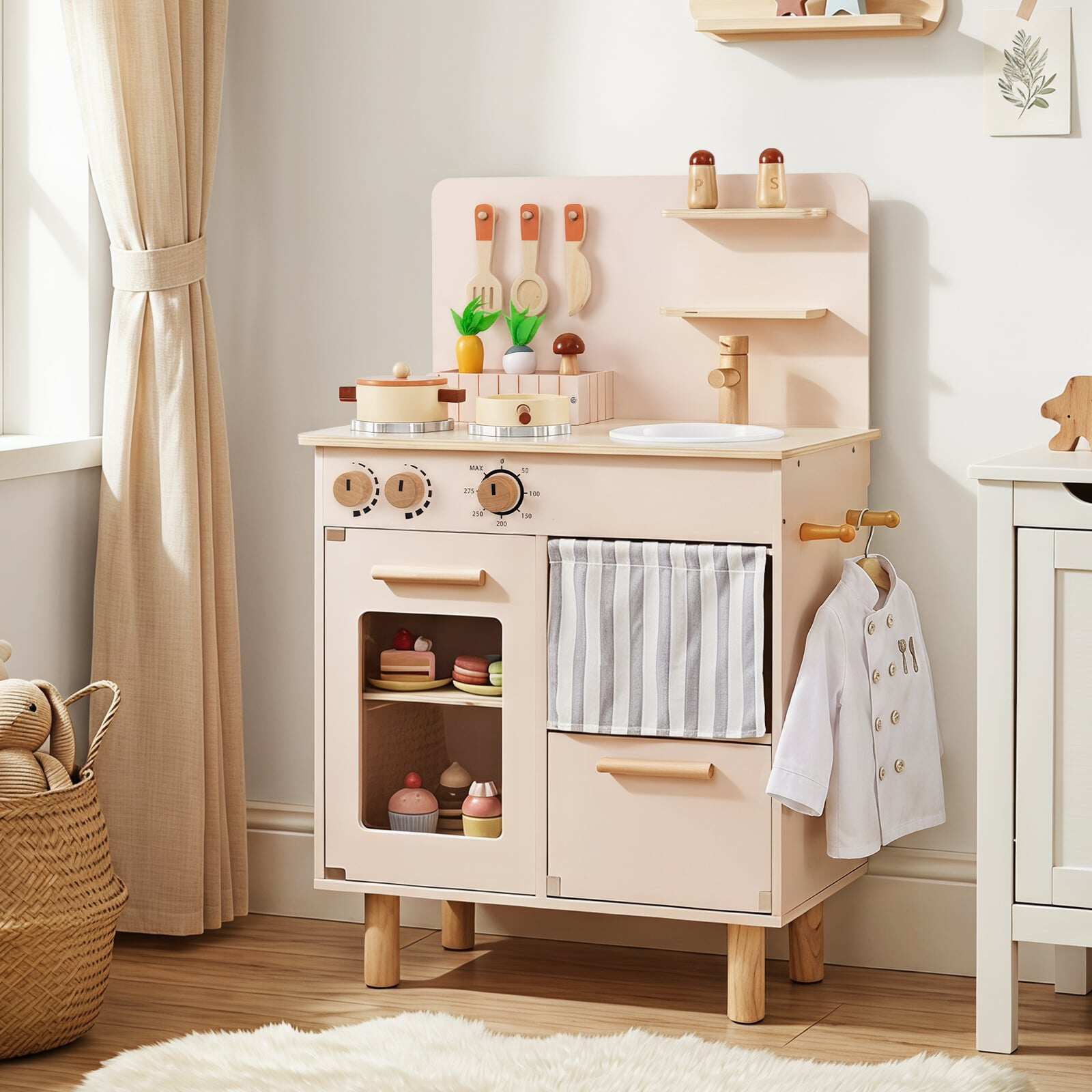 Costway Wooden Play Kitchen for Kids Toddler Kitchen Playset with Stoves Faucet Sink-Beige