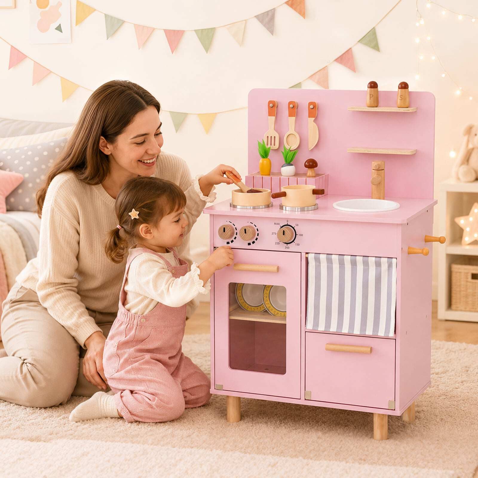 Costway Wooden Play Kitchen for Kids Toddler Kitchen Playset with Stoves Faucet Sink-Pink