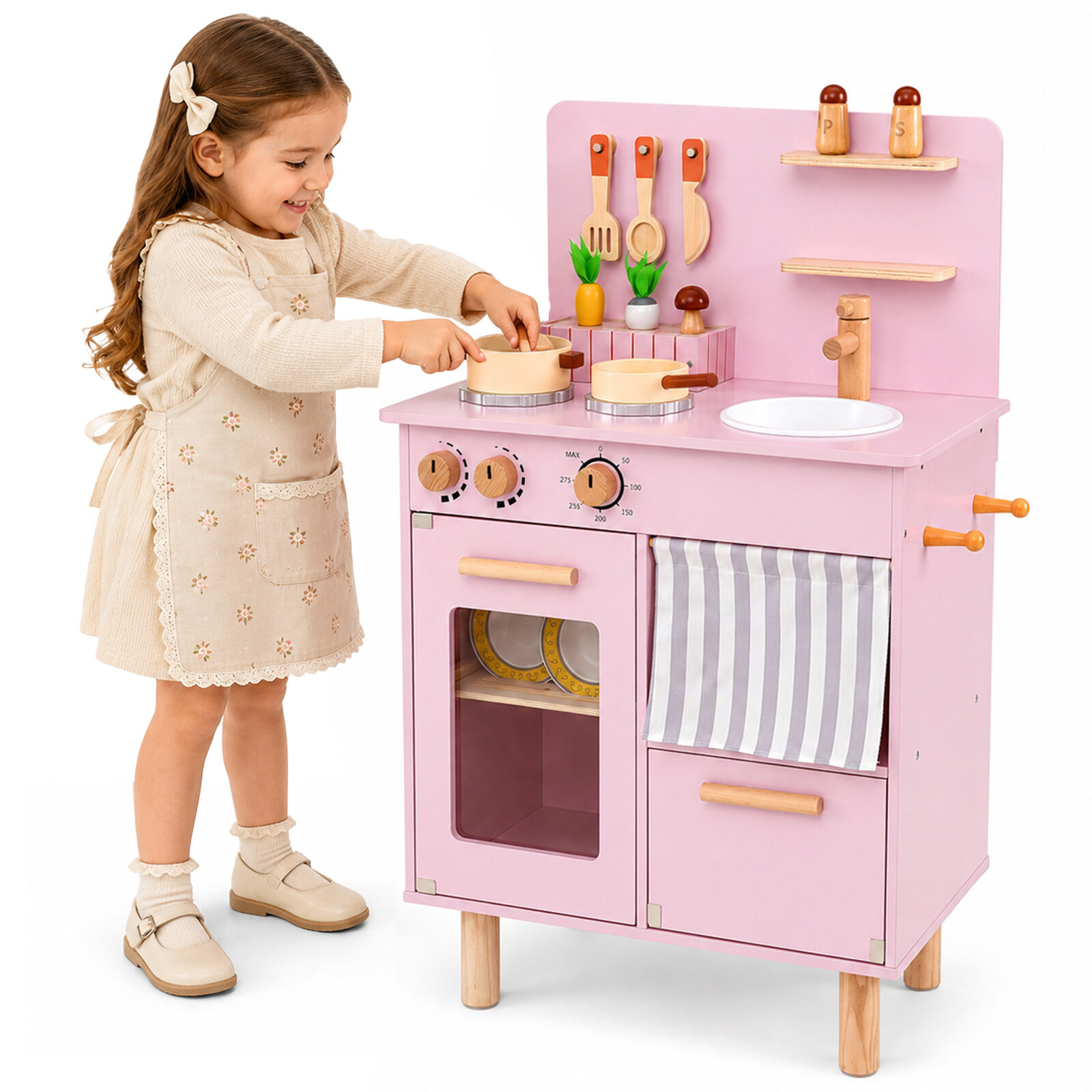Wooden Play Kitchen for Kids Toddler Kitchen Playset with Stoves Faucet Sink-Pink