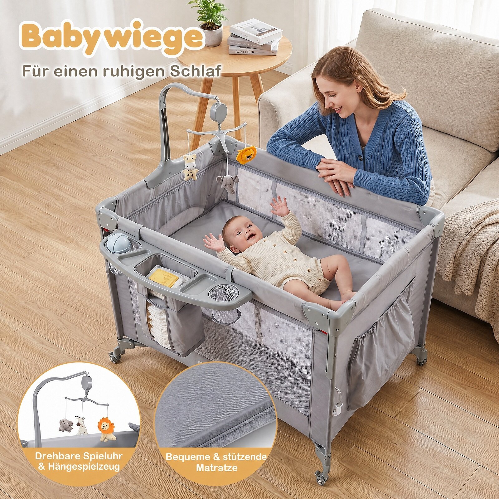 5-ühes beebikomplekt ja mänguvoodi imiku voodi kõrval madratsiga - hall