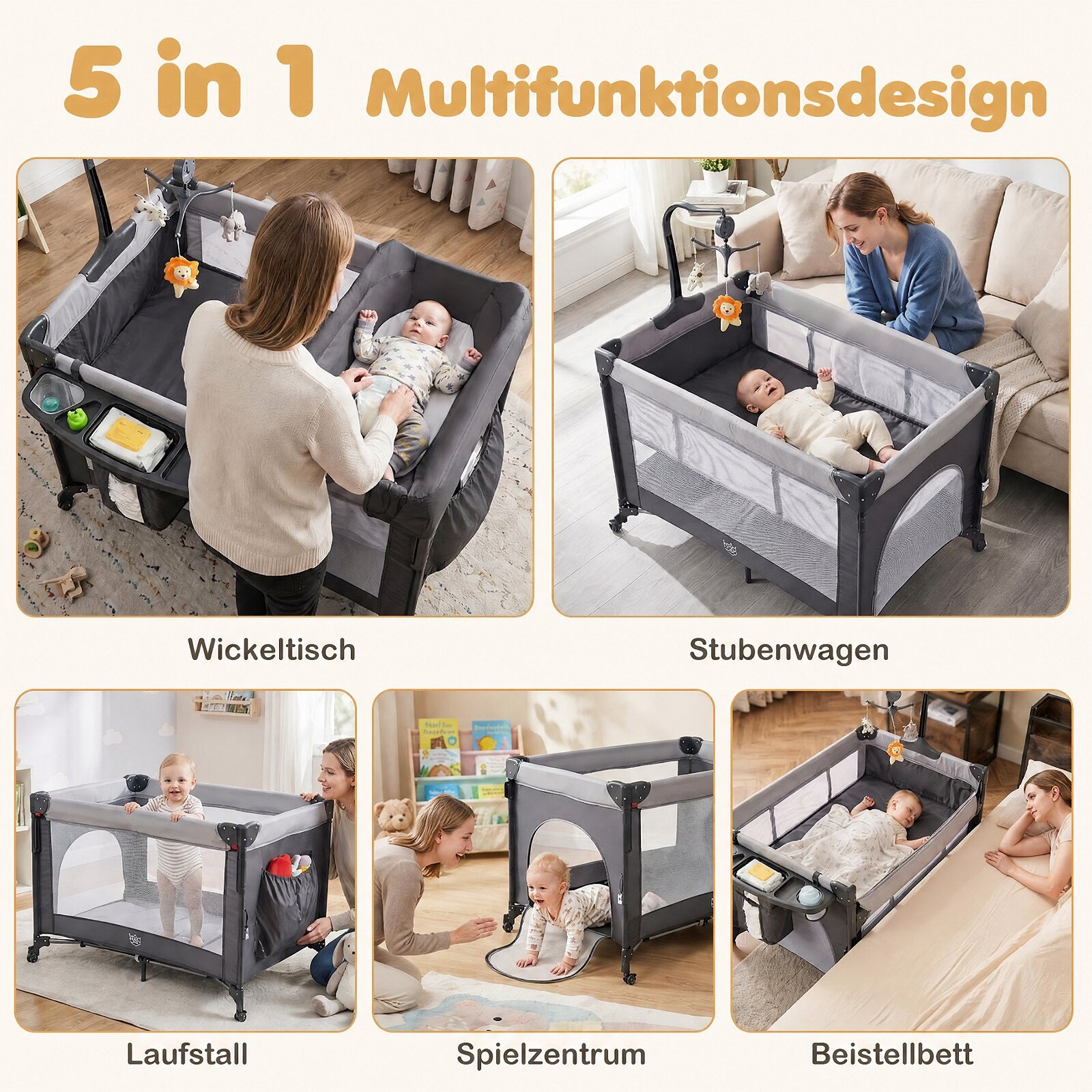 5-ühes beebikomplekt ja mänguvoodi imiku voodi kõrval madratsiga - must