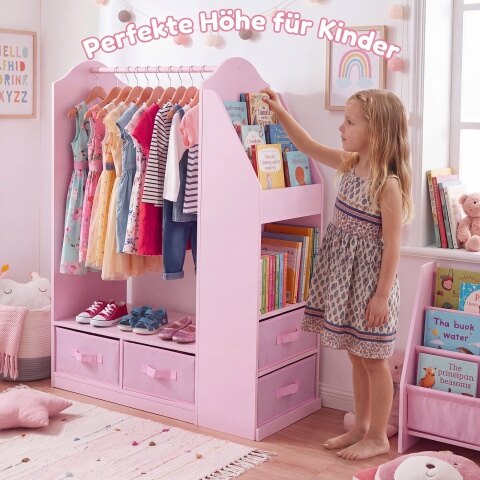 Laste riidepuu peegli ja avatud puidust riidekapiga - roosa
