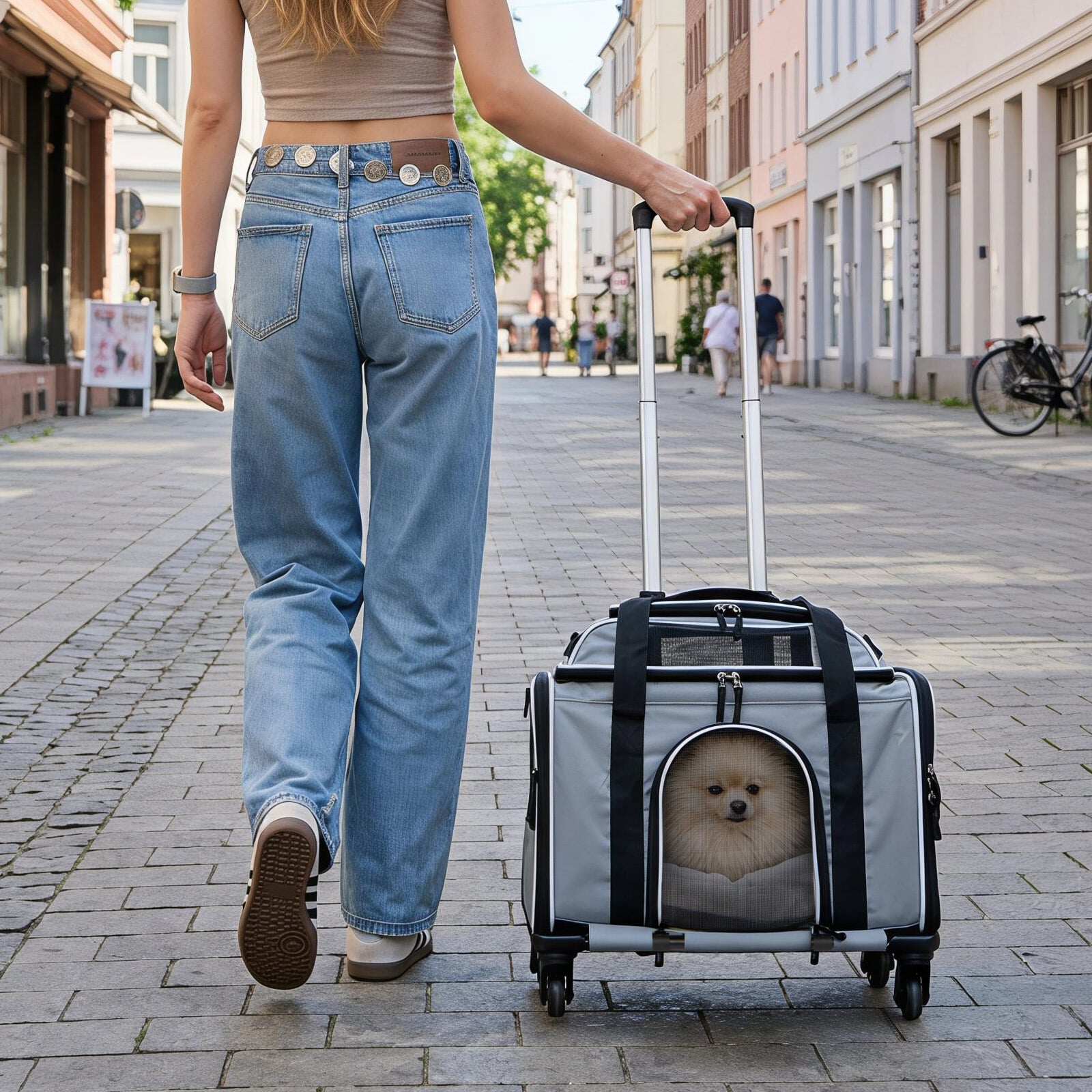 Kokkupandav lemmiklooma transportimiseks mõeldud konteiner ratastega, lennufirmade poolt heaks kiidetud, ratastel kassi- ja koeratransportimiseks mõeldud konteiner – hall