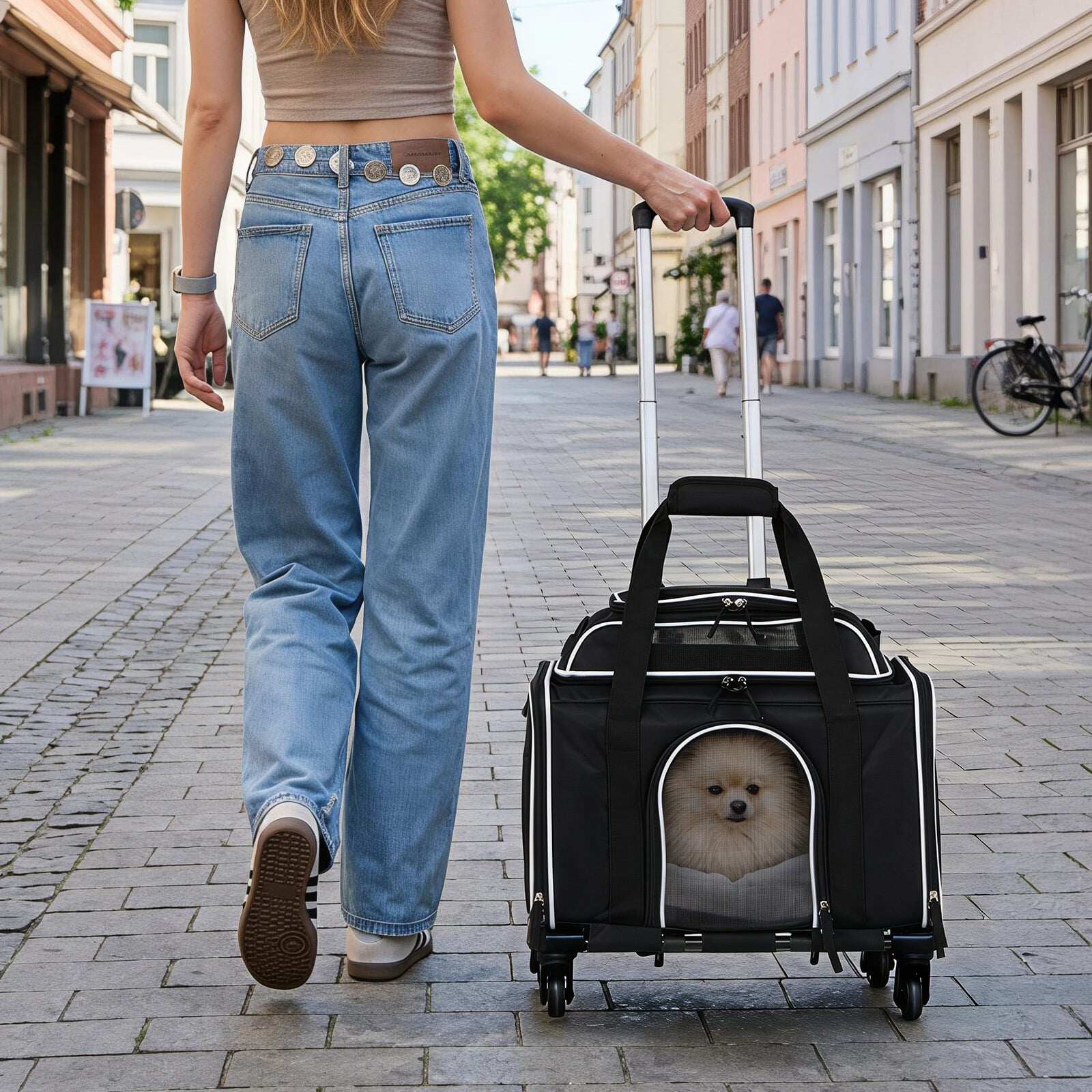 Kokkupandav lemmiklooma transportimiseks mõeldud konteiner ratastega, lennufirmade poolt heaks kiidetud, ratastel kassi- ja koeratransportöör - must