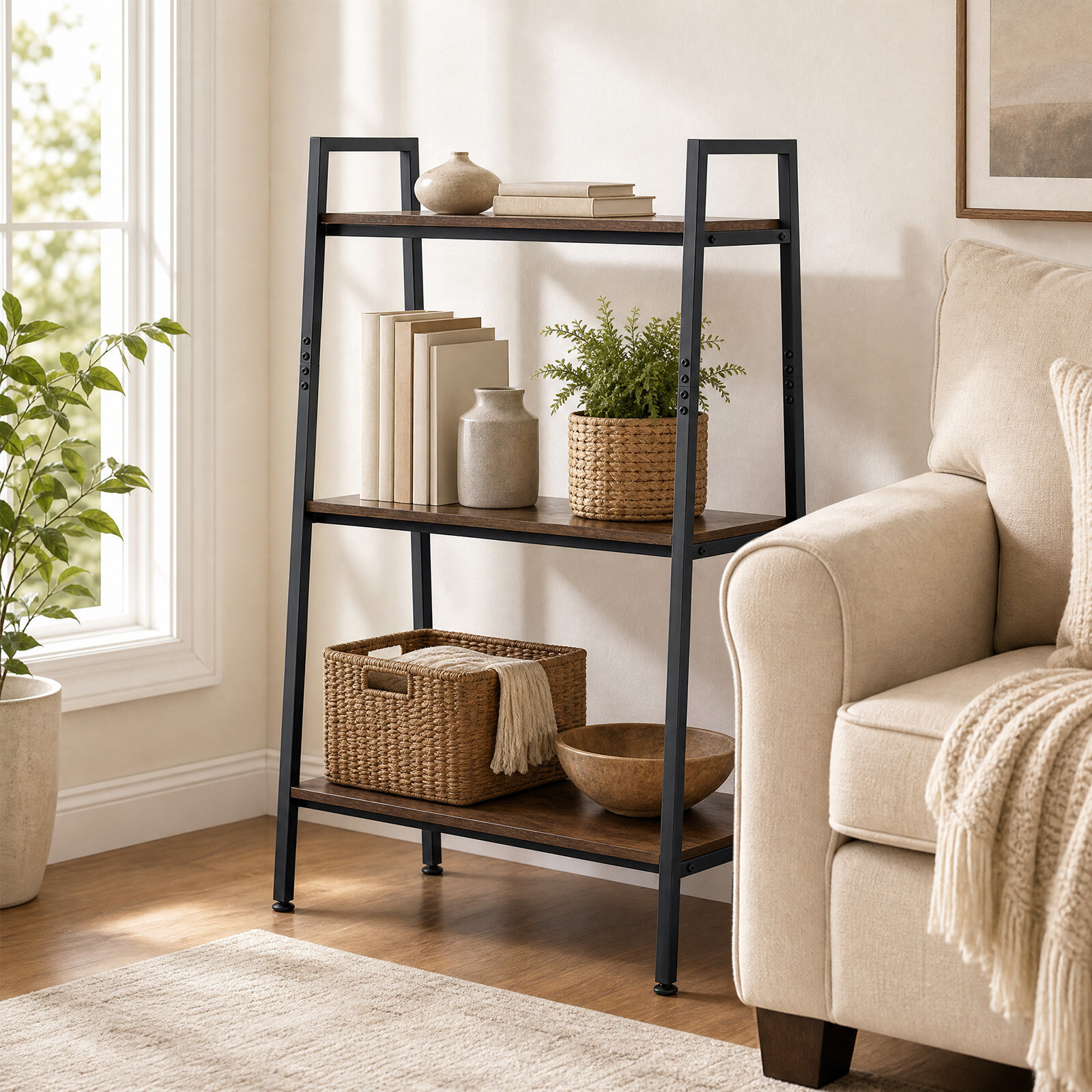 3-Tier Ladder Shelf & Corner Stand w/Metal Frame for Living Room Kitchen-Rustic Brown 3-Tier Ladder Shelf & Corner Stand w/Metal Frame for Living Room Kitchen-Rustic Brown