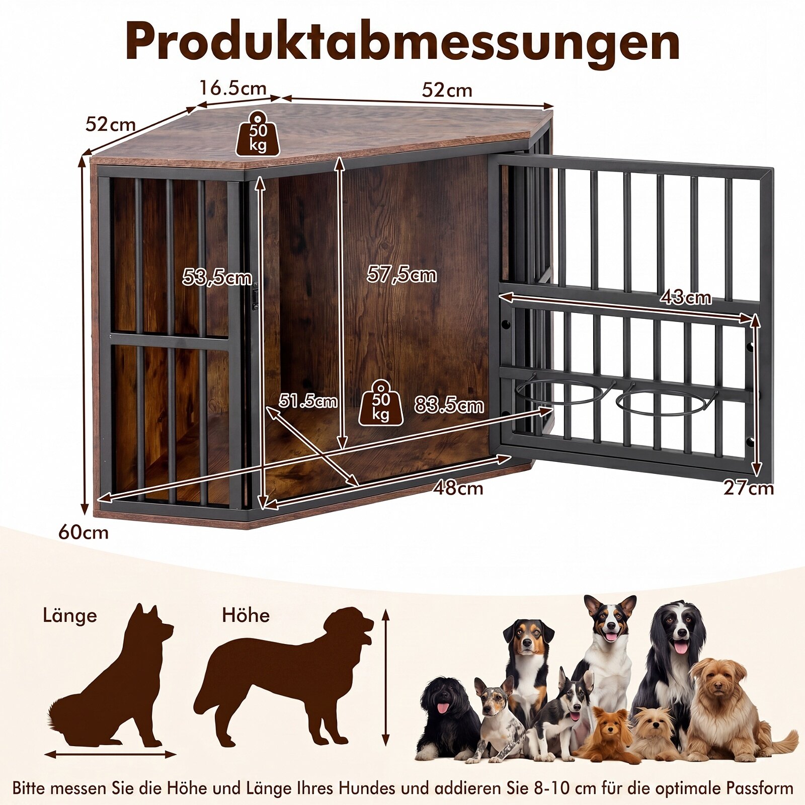 Corner Dog Crate 2-in-1 Kennel and TV Stand with Adjustable Dog Bowl Rack-Brown