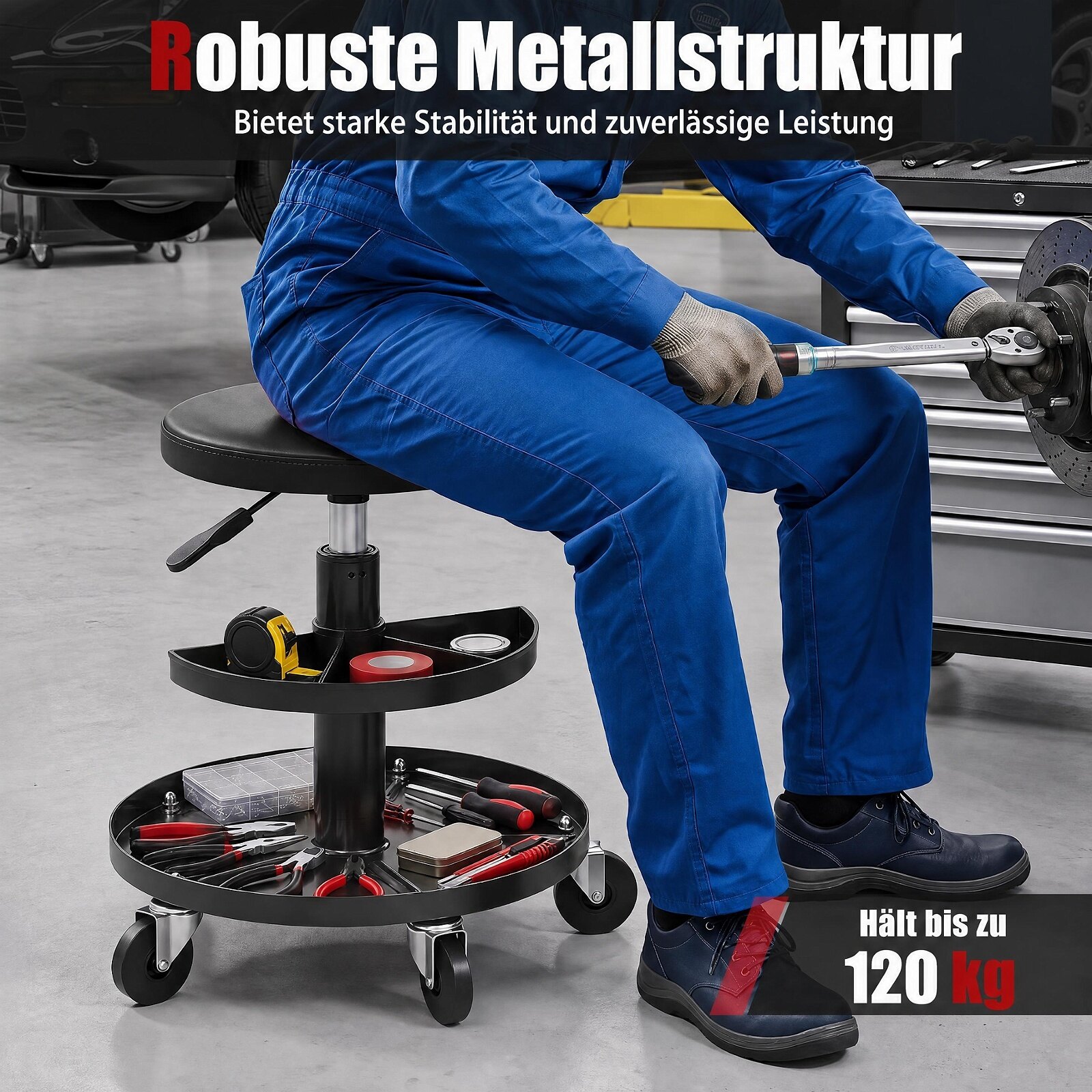 42–56 cm reguleeritava kõrgusega iste, ratastega mehaanikutool – must