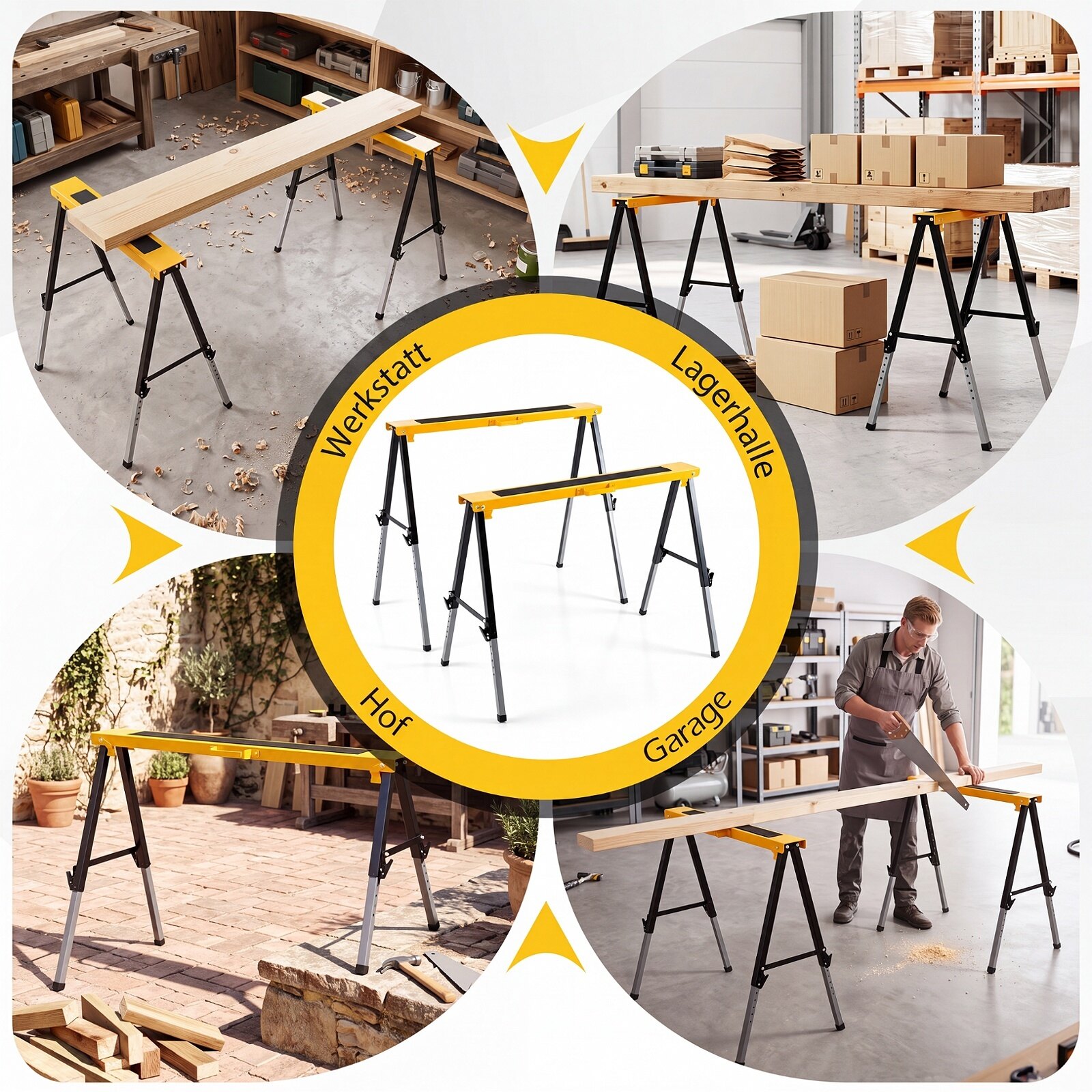 2 tk kokkupandavaid saehobuseid 12 reguleeritava jalakõrguse ja käepidemega - kollane