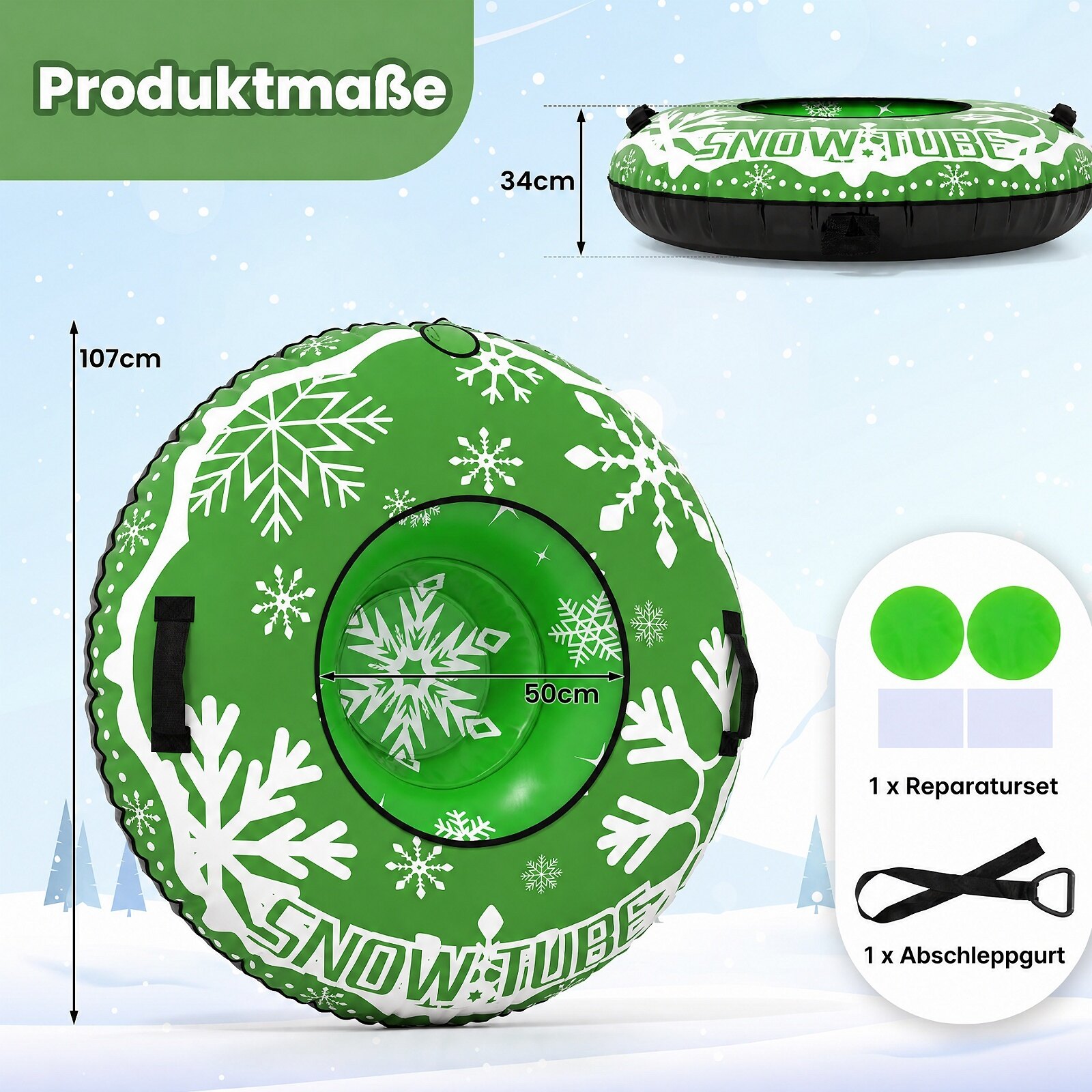 107 cm vastupidav täispuhutav lumetoru eemaldatava pukseerimisrihmaga - roheline