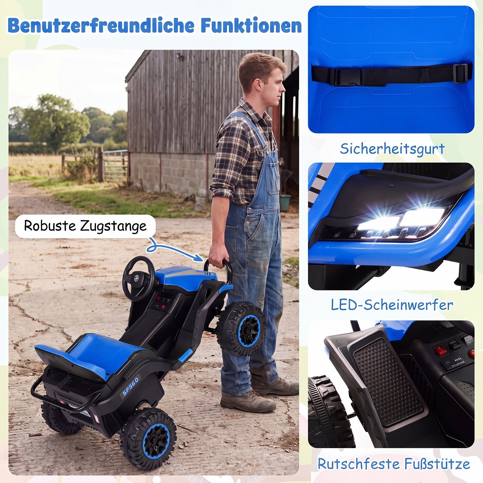 24 V elektritraktor lastele alates 3. eluaastast, lastetraktor 2,4 GHz kaugjuhtimispuldiga, sinine