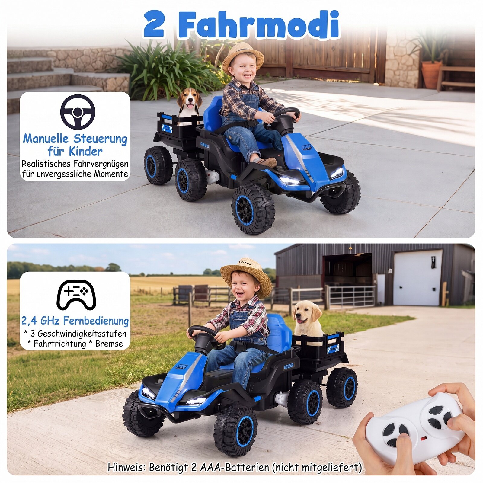 24 V elektritraktor lastele alates 3. eluaastast, lastetraktor 2,4 GHz kaugjuhtimispuldiga, sinine