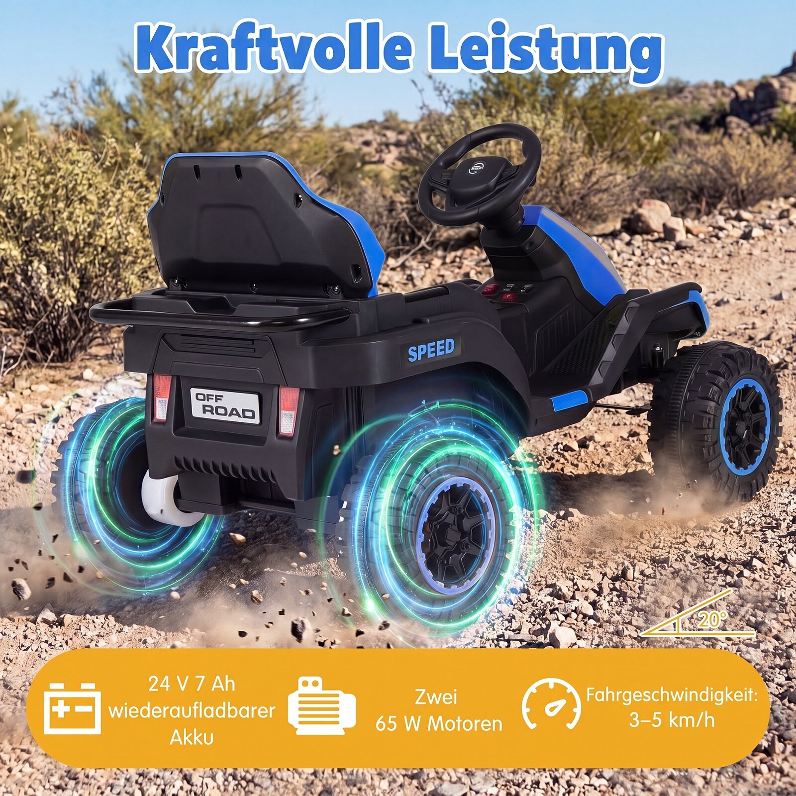 24 V elektritraktor lastele alates 3. eluaastast, lastetraktor 2,4 GHz kaugjuhtimispuldiga, sinine